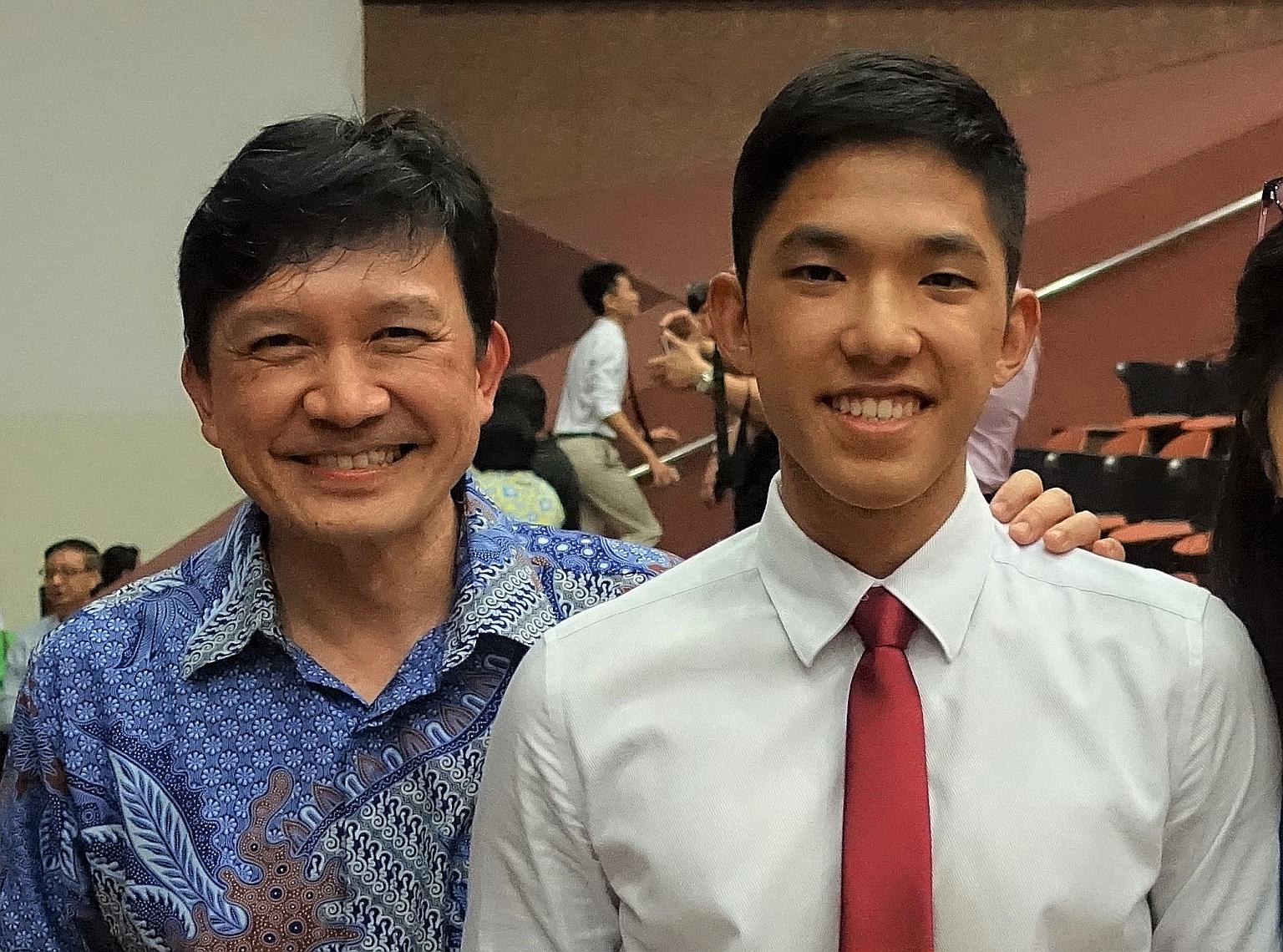 Dentist Tan Peng Hui, who rallied those in the dental industry to donate masks to nursing homes, with his son Caleb, a medical student who volunteered his help in the Covid-19 fight. PHOTO: COURTESY OF TAN PENG HUI