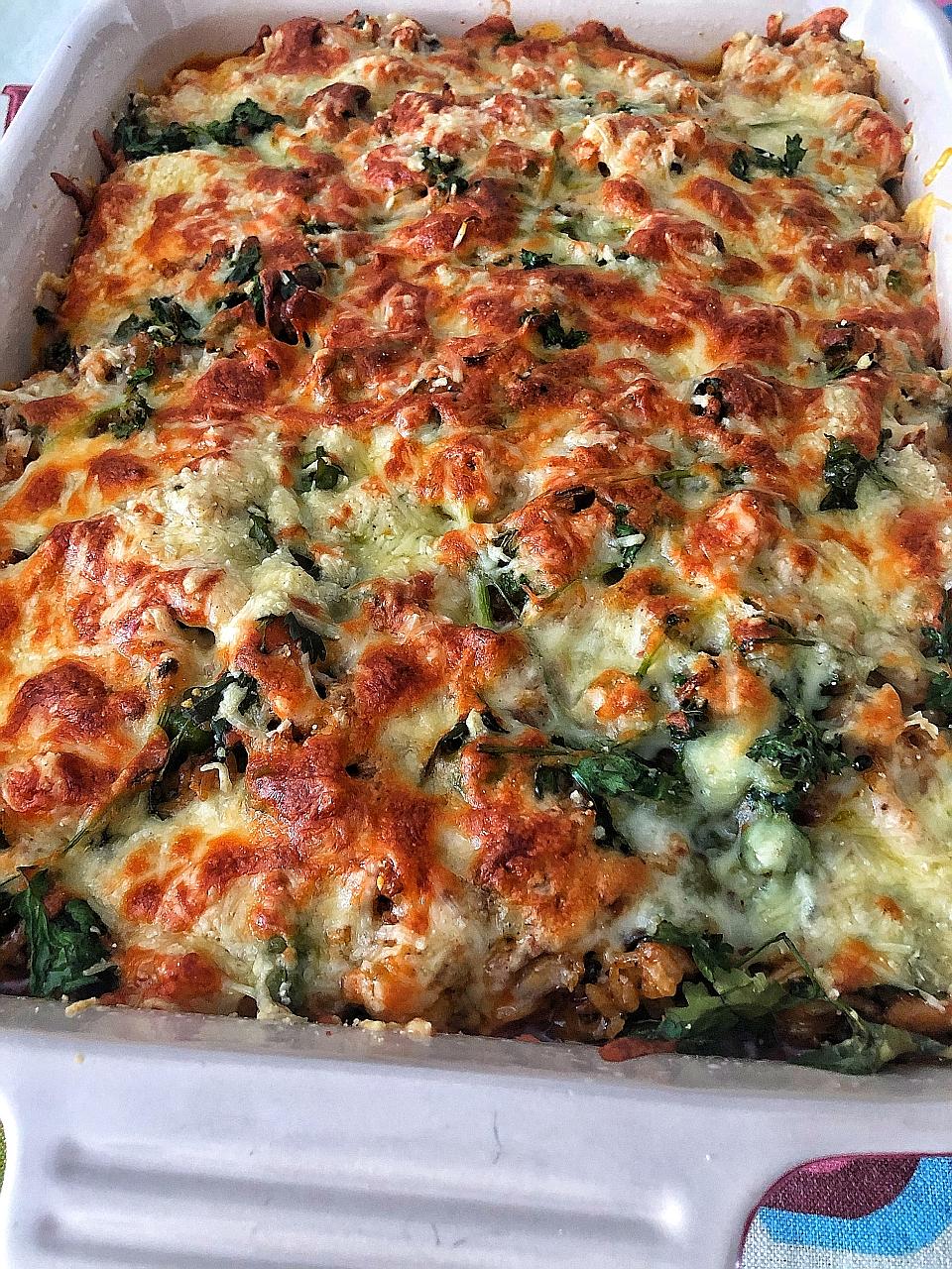 Add any vegetables and cheese you have to Mala Xiang Guo Baked Rice. 