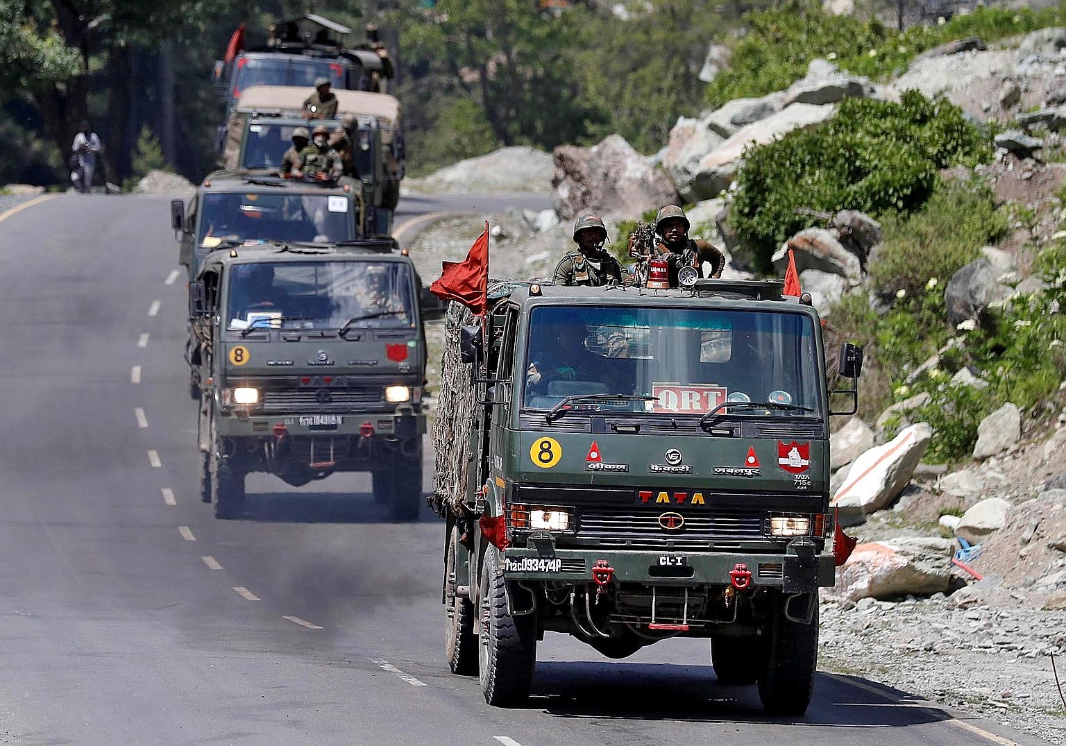 An Indian Army convoy on a highway leading to Ladakh in Kashmir on Thursday. In the clash with Chinese troops on Monday, 20 Indian soldiers were killed.