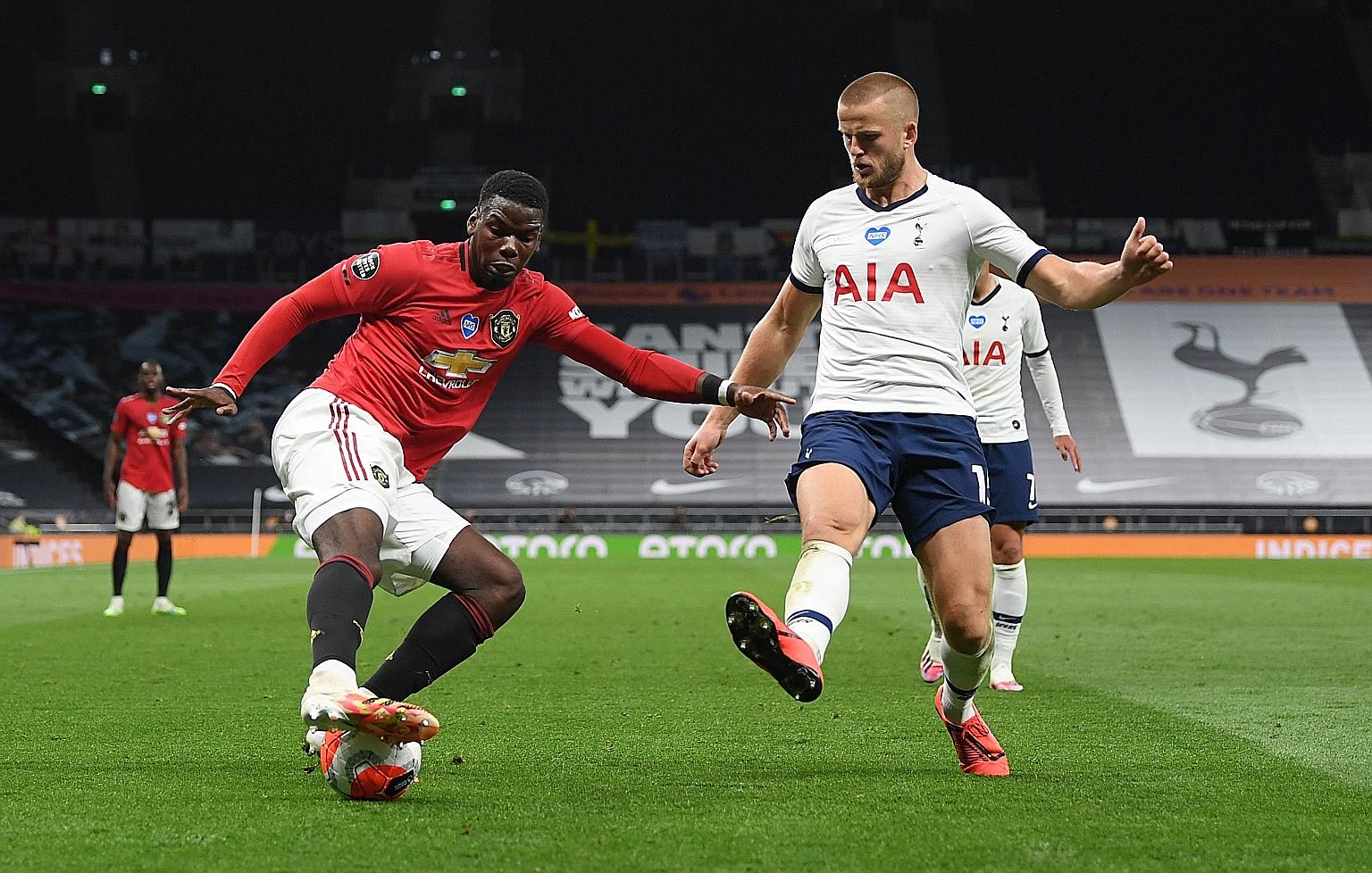 Manchester United's Paul Pogba battling Tottenham's Eric Dier for the ball during the 1-1 Premier League draw on Friday. Pogba was playing for the first time in nearly six months but was influential on the pitch when he came on in the second half, wi