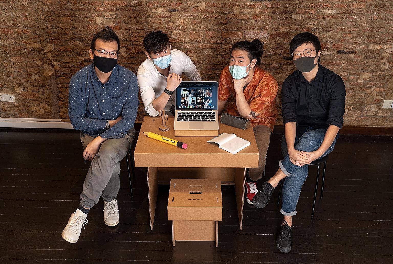 From left: Design director John Chan, design intern Scott Lee, content strategist Christian Sng, and experience and 3D designer Teo Kiah Sheng from strategic design consultancy Chemistry with the #HBLTable, which is made of sturdy double-wall cardboa