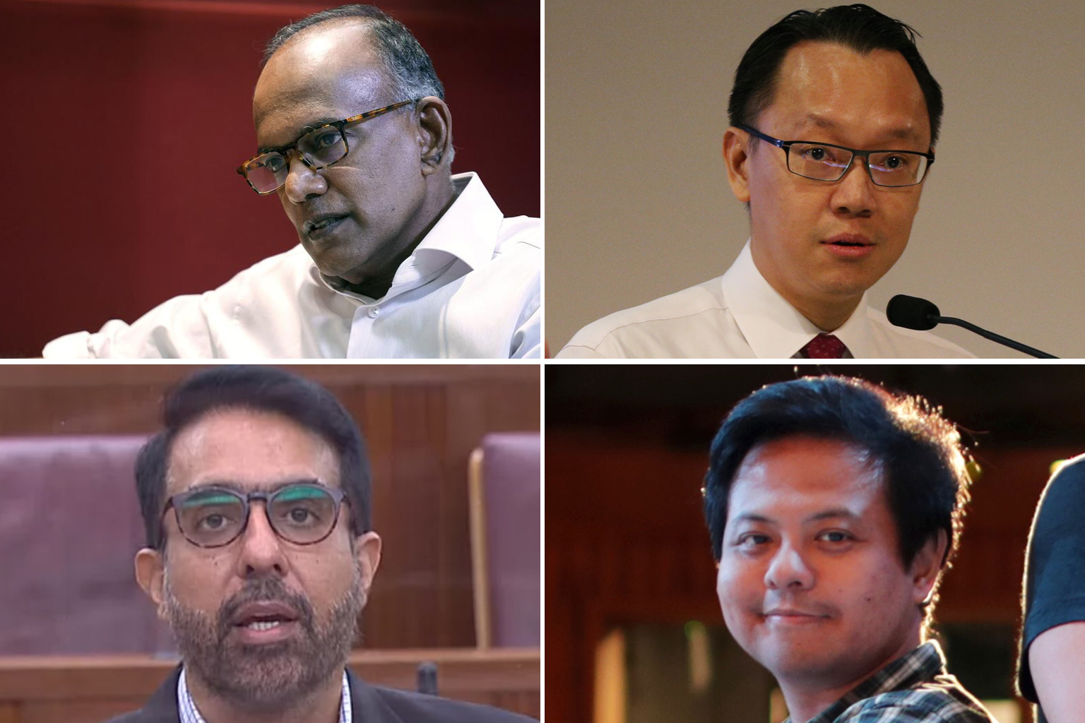 Law and Home Affairs Minister K. Shanmugam (left) weighed in yesterday on the matter involving PAP MP Tan Wu Meng (second from left), Workers' Party chief Pritam Singh and playwright Alfian Sa'at.