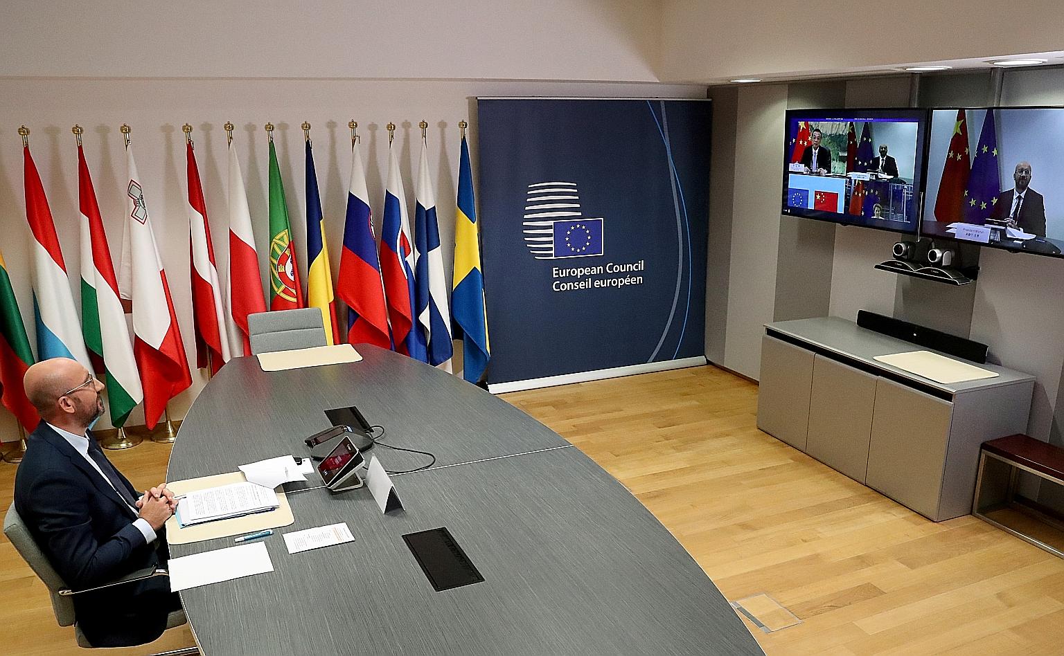 European Council president Charles Michel, in Brussels, taking part in a virtual summit with Chinese Premier Li Keqiang yesterday. It was to be followed by another video conference with Chinese President Xi Jinping.