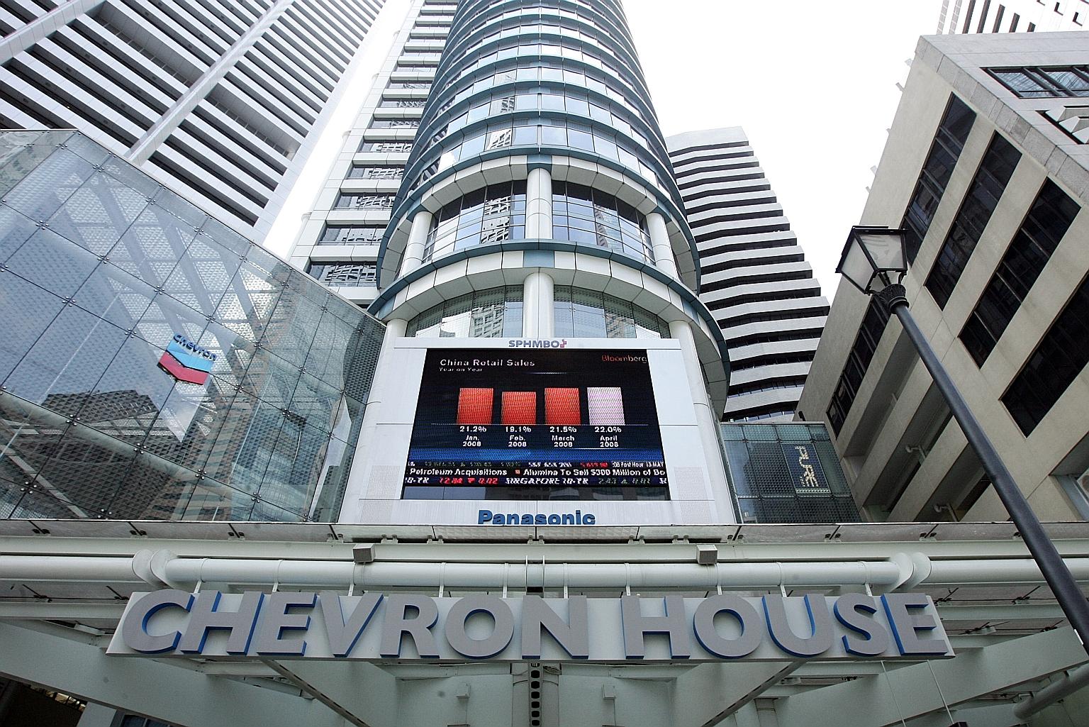 Sales of the retail and commercial units at the former Chevron House in Raffles Place will close on June 30 or another agreed date, said Oxley Holdings on Monday night. LIANHE ZAOBAO FILE PHOTO