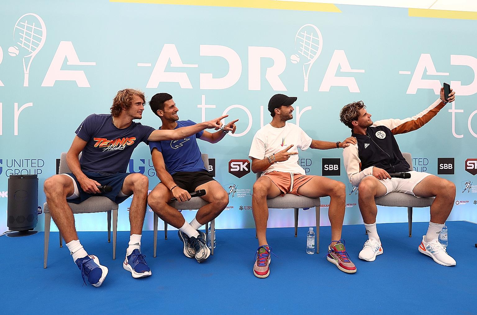 From left: Germany's Alexander Zverev, Serbia's Novak Djokovic, Bulgaria's Grigor Dimitrov and Austria's Dominic Thiem posing for a selfie before a press conference on June 12 for the Adria Tour, which was organised by Djokovic. The tournament was wi