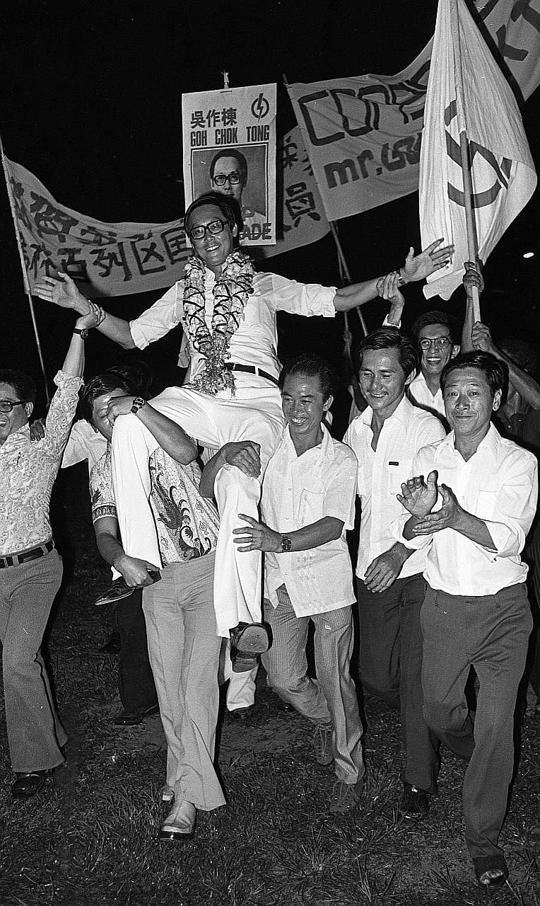 Left: Mr Goh Chok Tong celebrating his first electoral victory in the 1976 General Election. He was elected to represent Marine Parade, where he remained an MP throughout his political career. PHOTO: SIN CHEW Above: Mr Goh taking his oath at the swea
