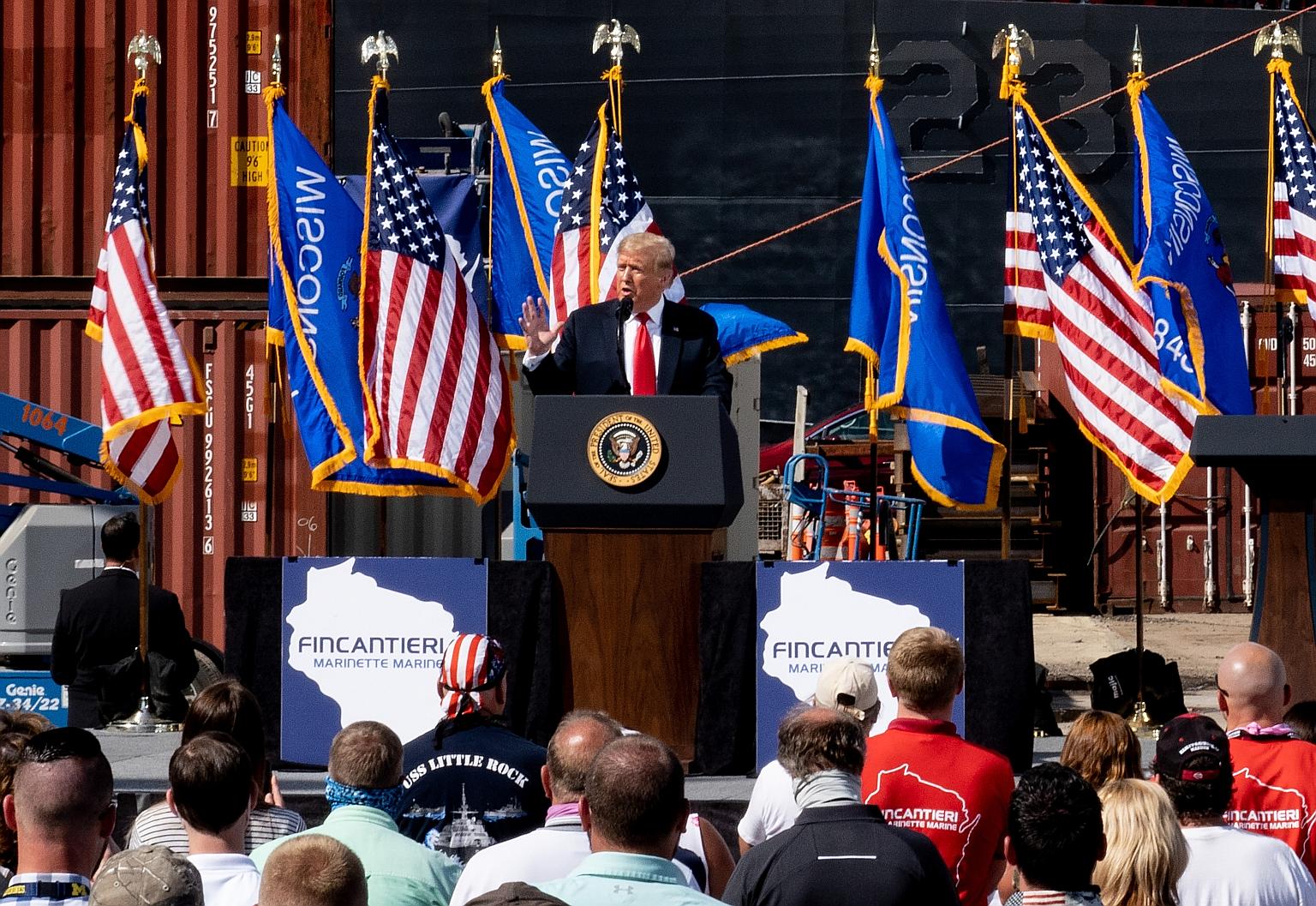President Donald Trump talking to workers at the Fincantieri Marinette Marine facility in Wisconsin on Thursday. The state is among a handful that his advisers have focused on to get him re-elected.
