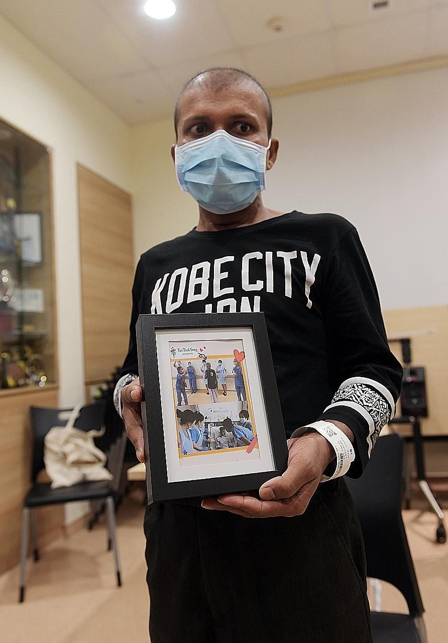 Mr Raju Sarker (left) holding a photo frame with a montage of his time spent at the hospital and rehabilitation centre, which was given to him as a keepsake. The 39-year-old Bangladeshi (above, right), who spent a long time in the ICU, was discharged