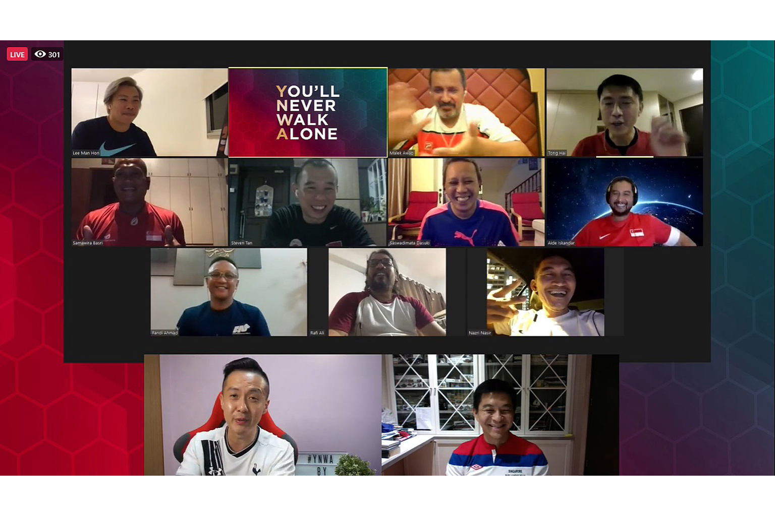 SNOC president Tan Chuan-Jin (bottom right) talking to members of the 1994 Malaysia Cup-winning team. 