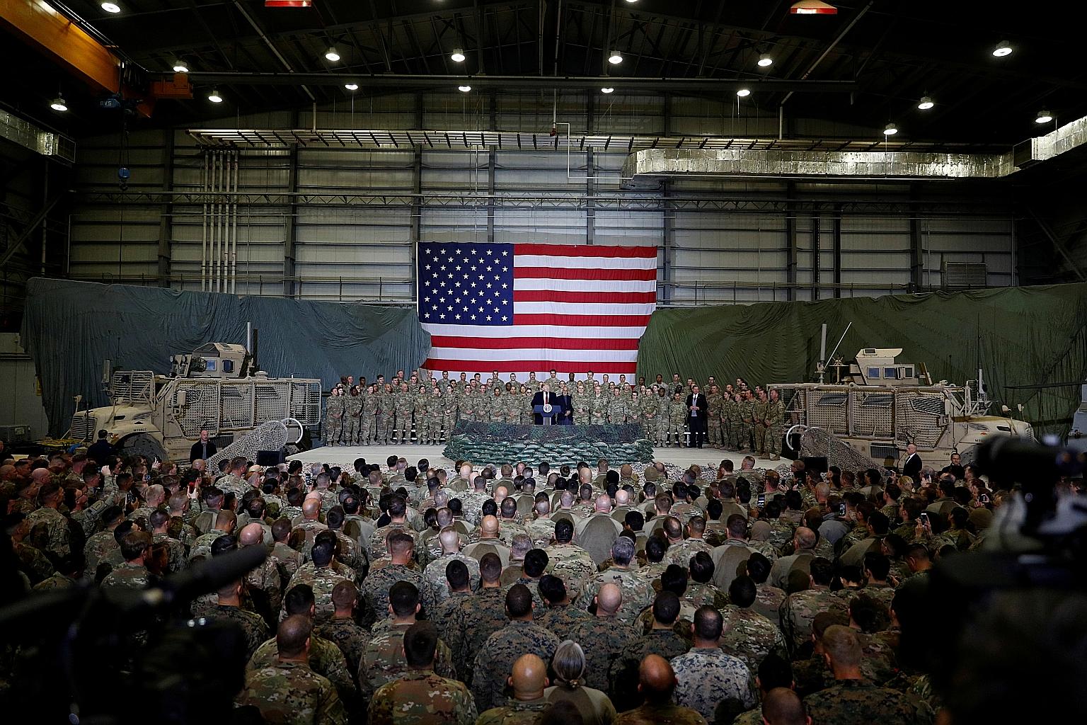 President Donald Trump speaking to US troops during a visit to Bagram Air Base in Afghanistan last November. The New York Times reported last Friday that a Russian military intelligence unit had secretly paid Taleban-linked militants to target coalit