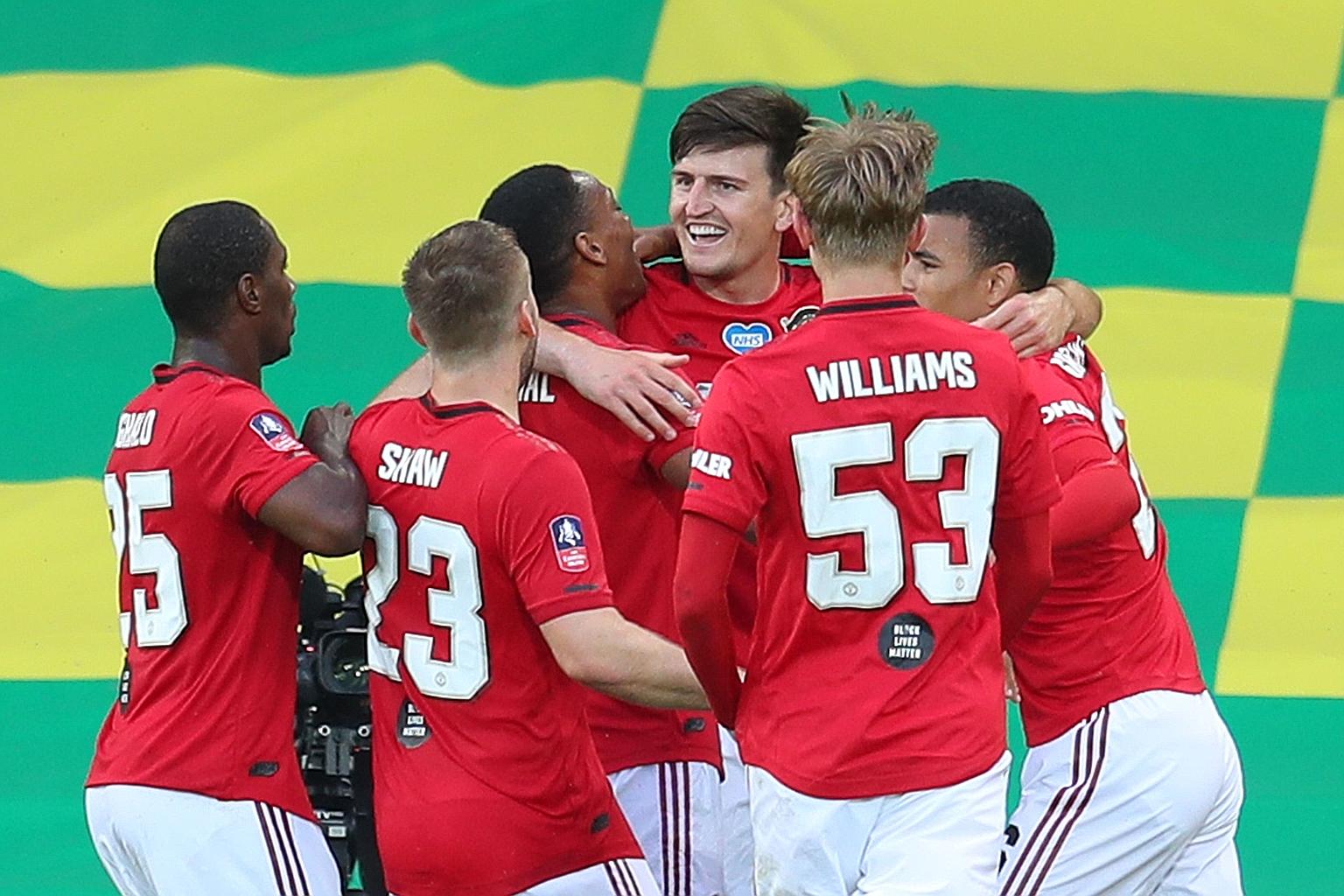 An ecstatic Manchester United captain Harry Maguire (facing camera) after scoring their extra-time winner in the English FA Cup quarter-final against a 10-man Norwich City at Carrow Road on Saturday.