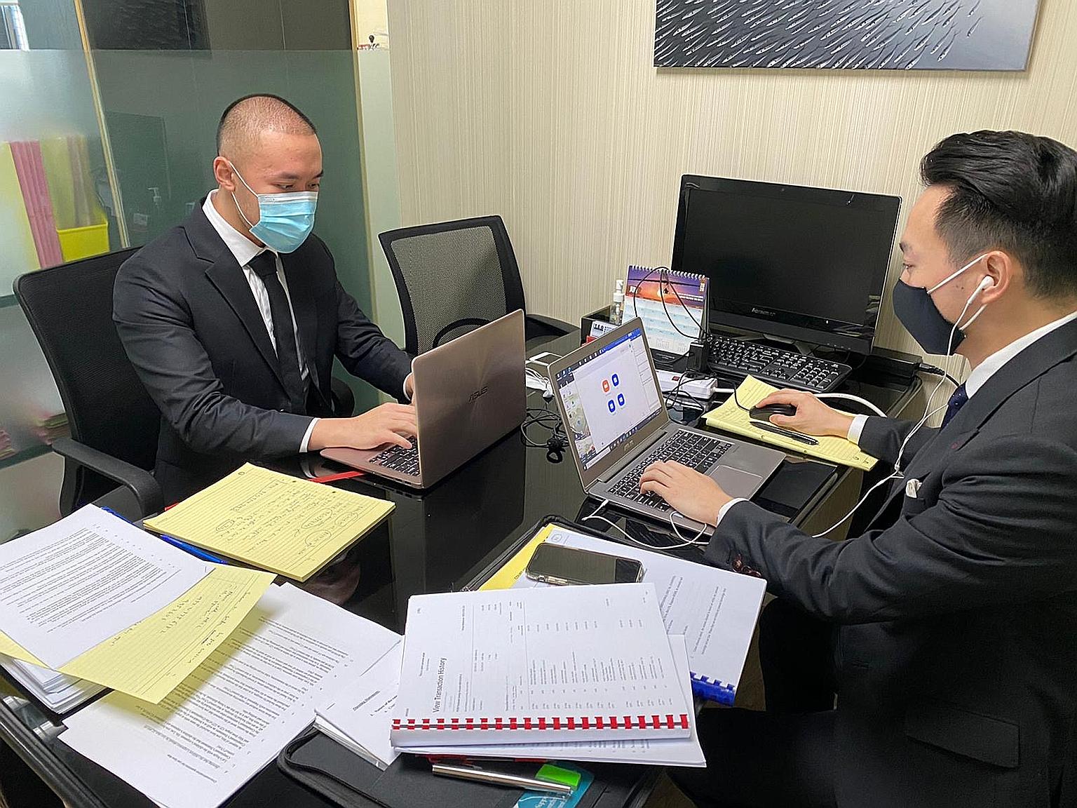 Lawyers at Yeo & Associates preparing for a family court hearing via Zoom. This is the emerging new normal in family law hearings, said lawyers, pointing to savings in cost and time, among other things.