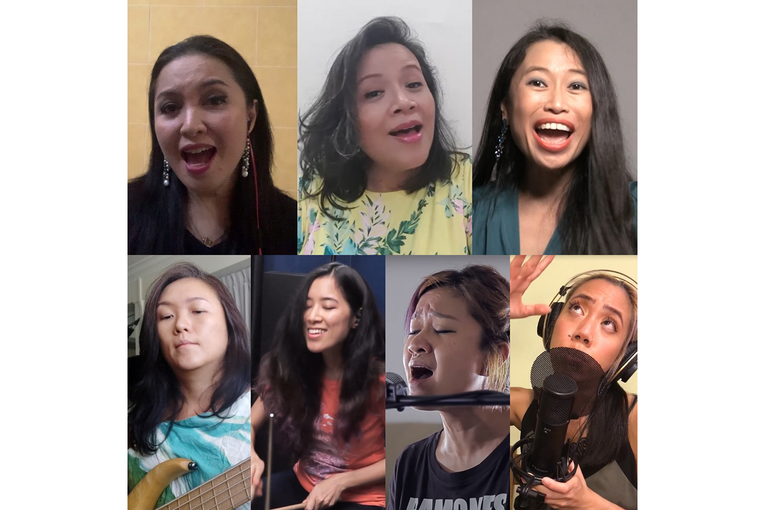 Musicians (top row, from left) Ken Mahanani, Lily Anna Hargrove and Michelle SgP as well as (bottom row, from left) She Shines assistant music producer and bassist Wendy Phua, drummer Christal J. Kuna, and singers Allie Soh and NyaLi perform uplifting ori