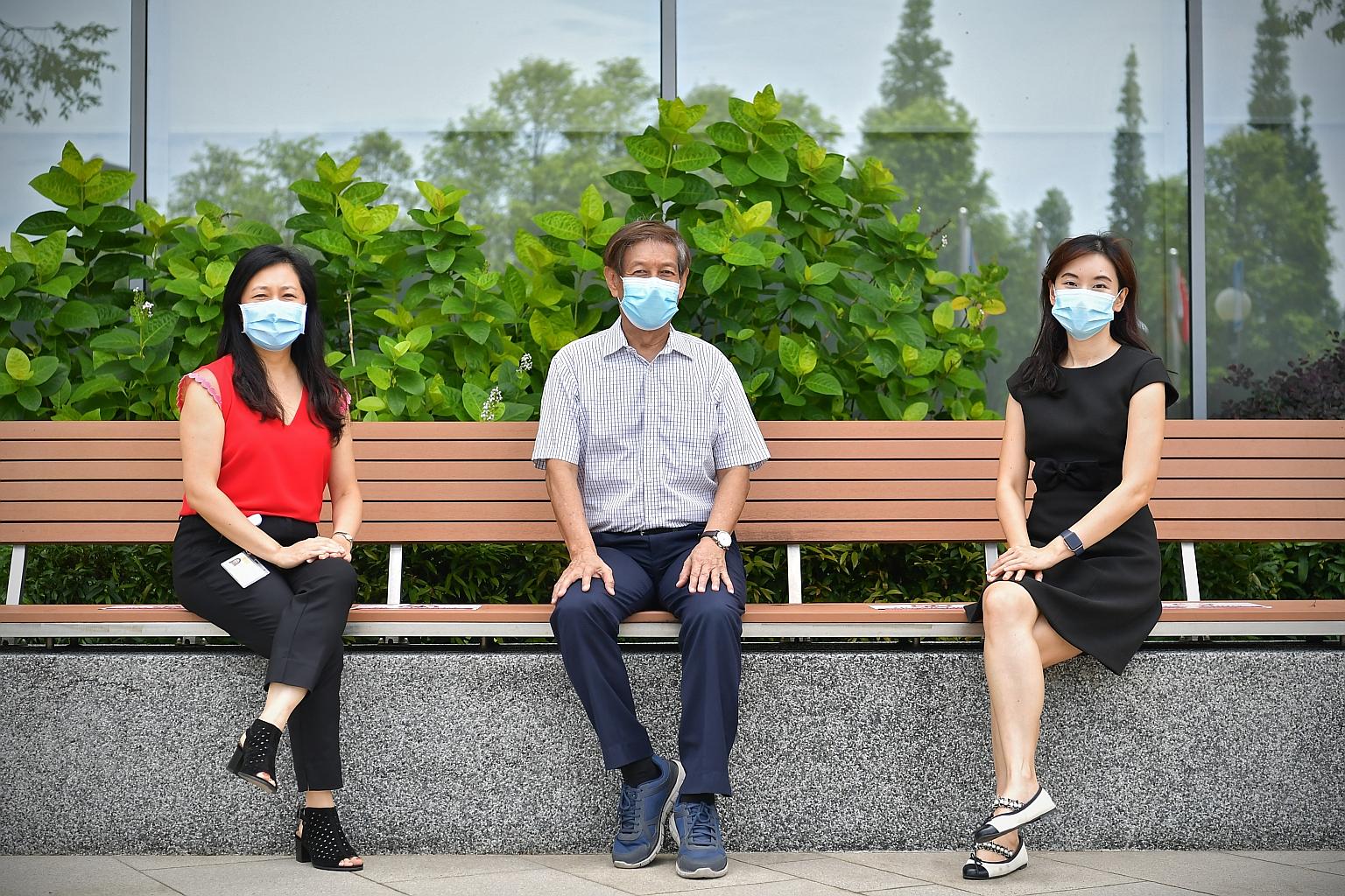 Mr Chua Kee Huat has a shared care arrangement for managing his rheumatoid arthritis where he alternates between seeing his family physician and his specialist, Dr Anita Lim (in red), a senior consultant at National University Hospital. With them is 