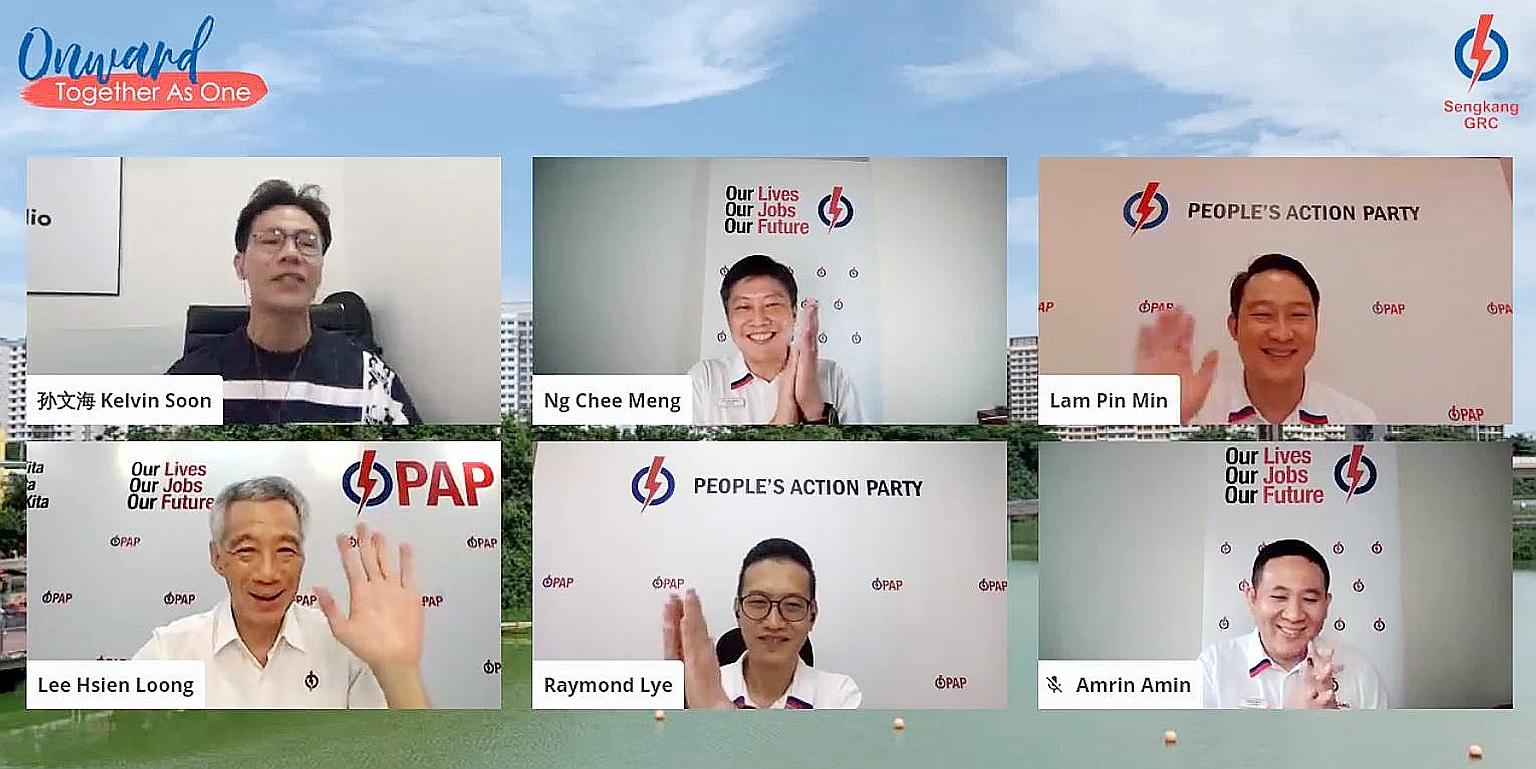 Prime Minister Lee Hsien Loong joined the PAP team for Sengkang GRC - (clockwise from top centre) Mr Ng Chee Meng, Dr Lam Pin Min, Mr Amrin Amin and Mr Raymond Lye - in a webinar on the party's plans for the constituency yesterday. The session was ho