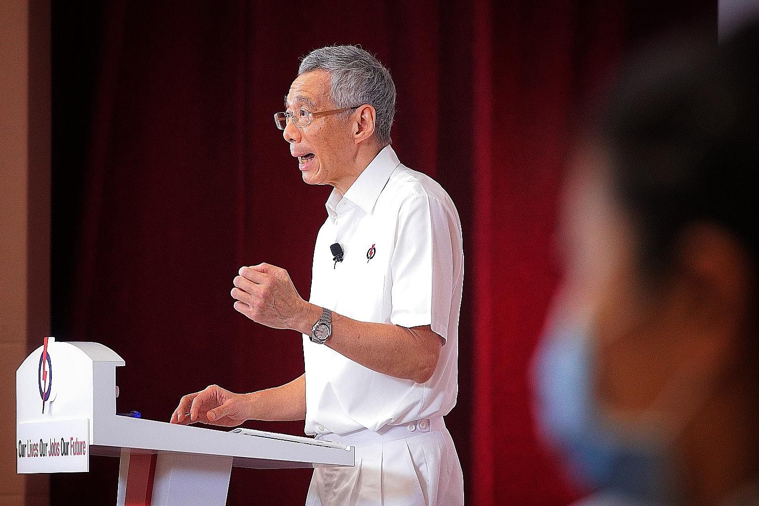 Prime Minister Lee Hsien Loong at the Fullerton election rally, which was streamed live on Facebook and YouTube yesterday. ST PHOTO: JASON QUAH