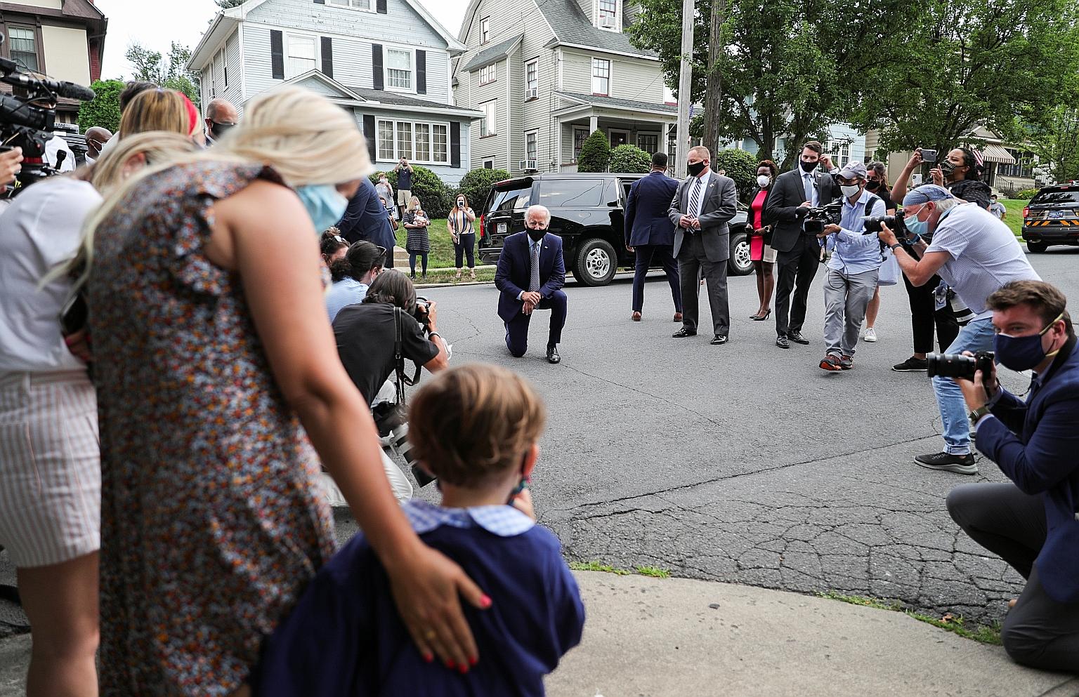 US democratic presidential candidate Joe Biden visiting the neighbourhood where he grew up, while campaigning in Scranton, Pennsylvania, on Thursday. PHOTO: REUTERS
