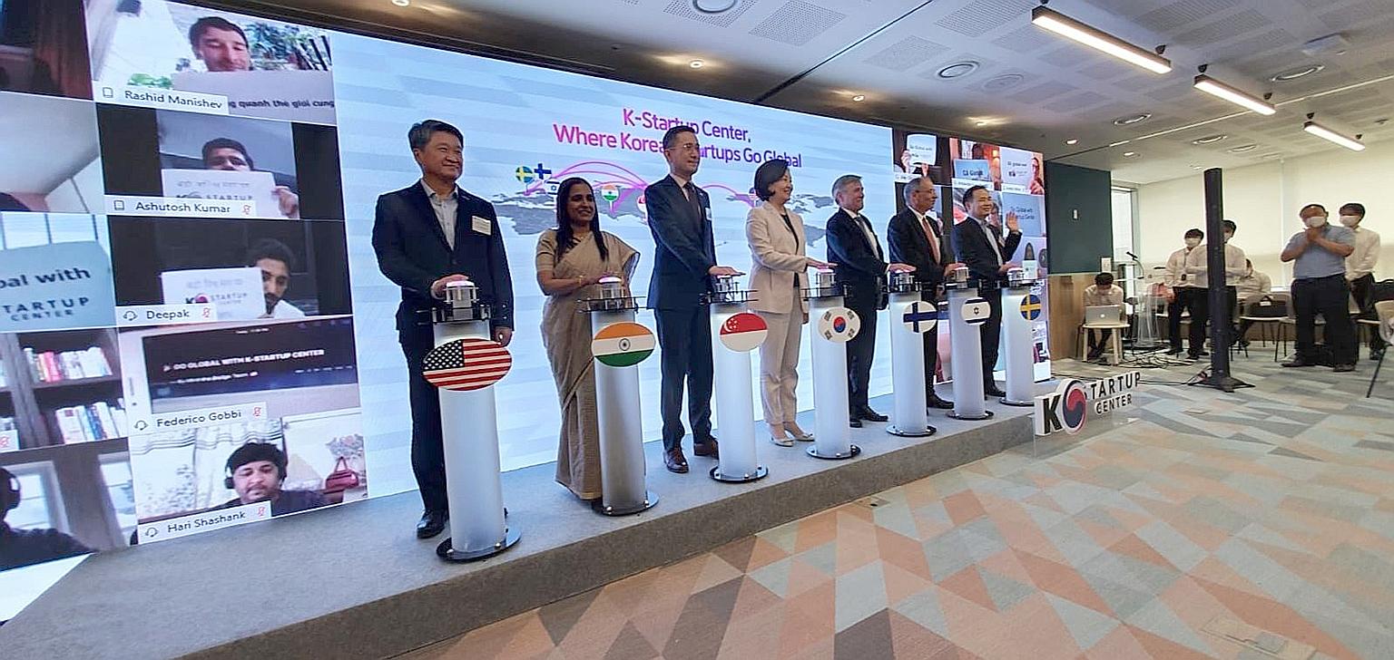 South Korea's Minister for SMEs and Start-ups Park Young-sun (centre) at the launch of three K-Startup Centres located in Singapore, Sweden and Finland during a ceremony in Seoul on Wednesday. Ms Park is joined by representatives from the host countries, 