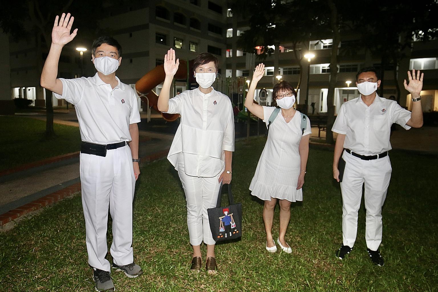 The PAP Jalan Besar GRC team, led by Manpower Minister Josephine Teo (second from left), won 65.37 per cent of the votes against a team from Peoples Voice. The others who stood with her in the group representation constituency are (from left) Mr Heng