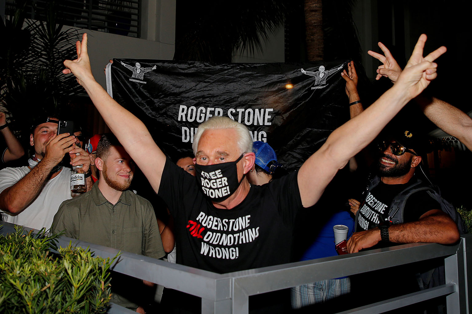 Roger Stone, a former campaign adviser of US President Donald Trump, celebrating outside his home in Florida after his sentence was commuted on Friday. The White House statement said that Stone should not have been pursued because prosecutors ultimat