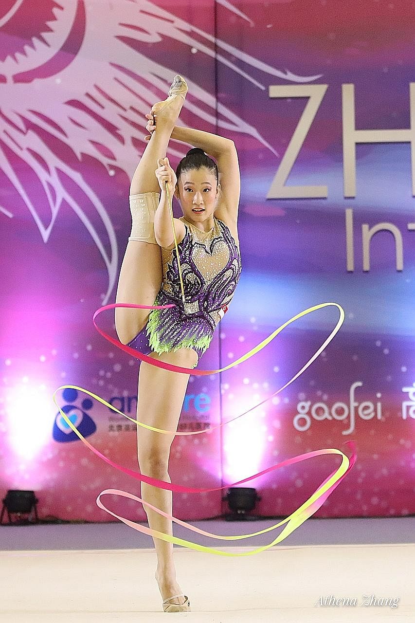 Left: Rhythmic gymnast Lyn Yeo taking part in last year's SEA Games. She achieved a score of 44 out of 45 in the International Baccalaureate (IB) exams. Above: Bowler Kimberly Quek, who has represented Singapore on the world stage, attained an IB sco