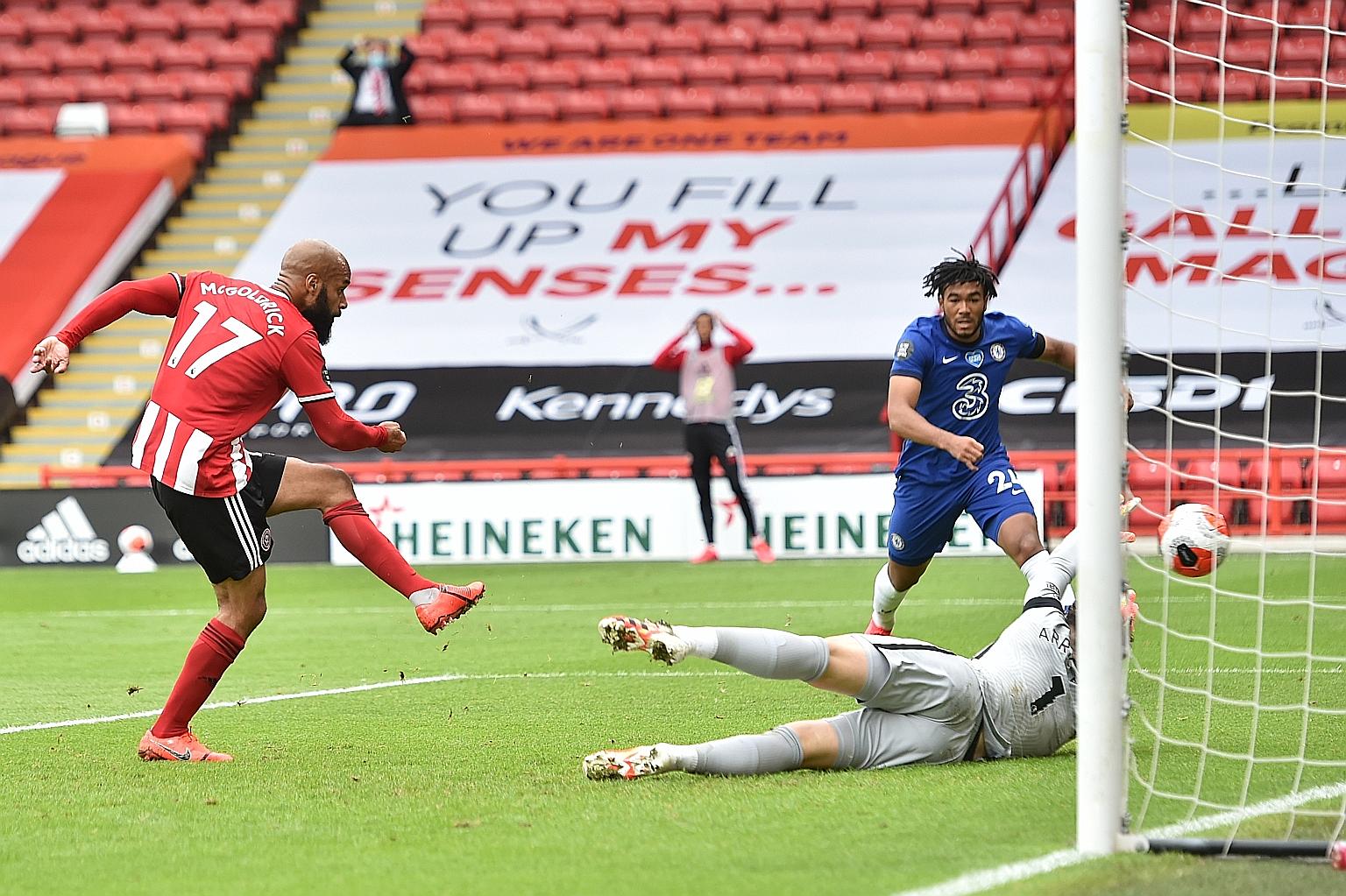 David McGoldrick scoring his first Premier League goal and the first of the season for Sheffield United against Chelsea at Bramall Lane on Saturday. He went on to net another in the 3-0 win.