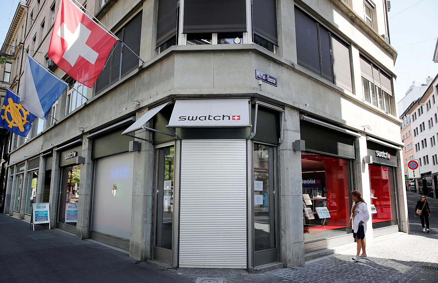 A closed Swatch shop in Zurich in April, during the lockdown to help prevent the spread of the coronavirus that causes Covid-19. The Swiss watch manufacturer had to shut up to 80 per cent of its sales outlets around the world during lockdowns, and it