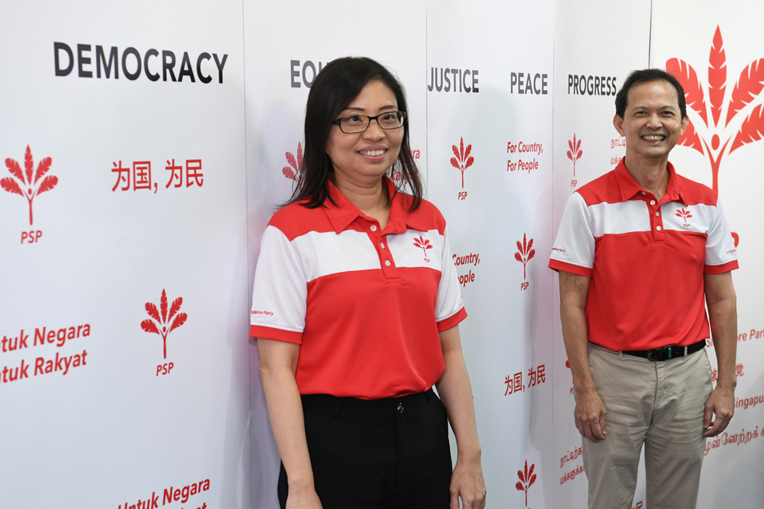 Progress Singapore Party's vice-chairman Hazel Poa and assistant secretary-general Leong Mun Wai at yesterday's press conference. Both were on the party's West Coast GRC slate, which secured 48.31 per cent of the votes against the People's Action Par