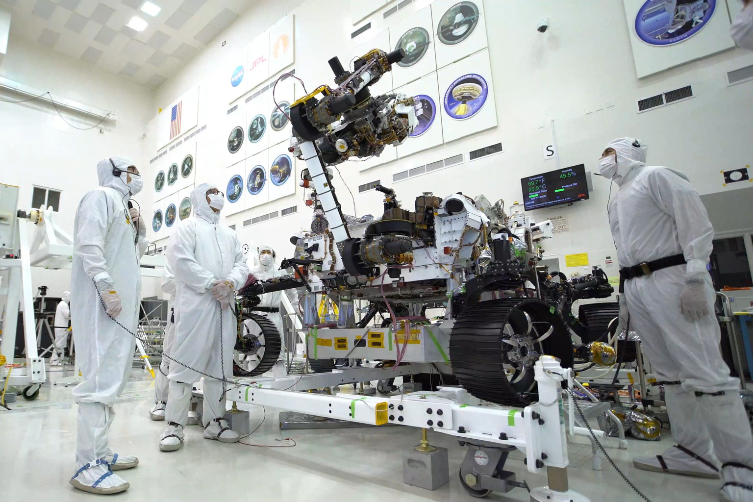 The Perseverance rover at the Spacecraft Assembly Facility at Nasa's Jet Propulsion Laboratory in Pasadena, California. The rover will launch from Earth on July 30 and should land on Mars next February. PHOTO: AGENCE FRANCE-PRESSE