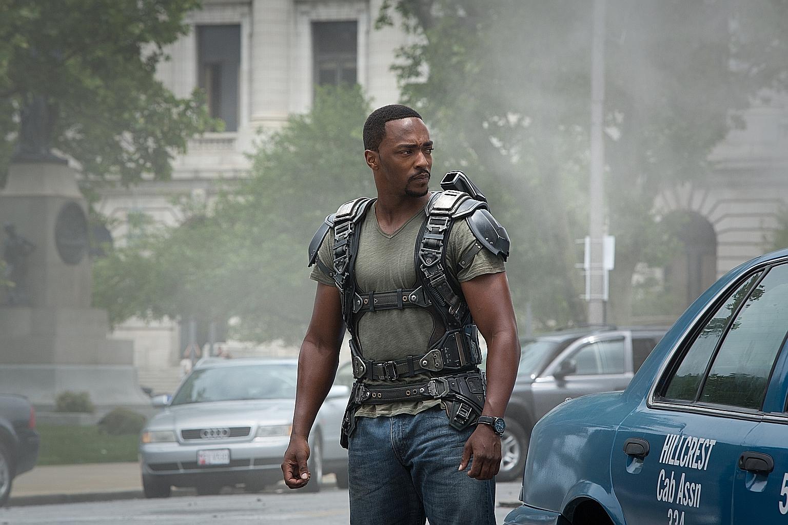 Anthony Mackie as Falcon in Captain America: The Winter Soldier (2014).