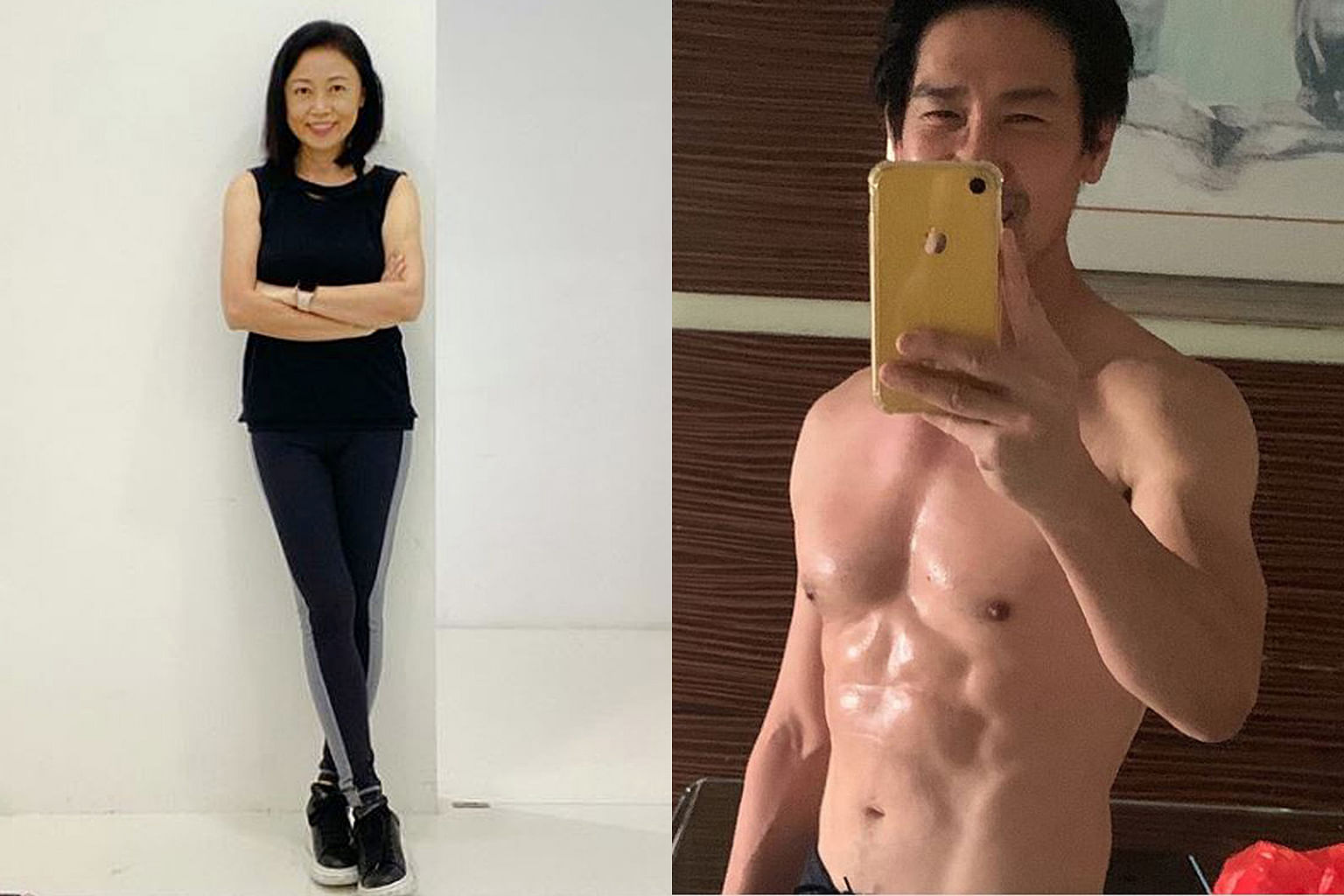 Xiang Yun (left) started a diet, cut down on alcohol and tries to sleep early, while her husband Edmund Chen (above) started doing strength training exercises and now boasts a sculpted body. 