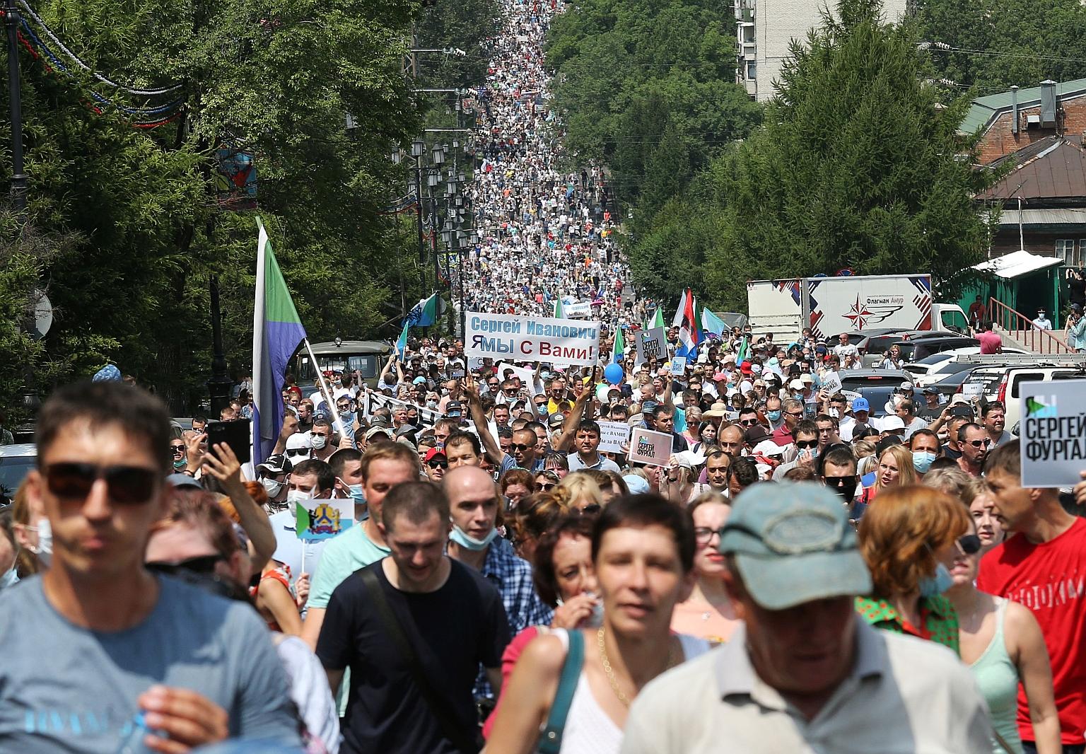 People taking part in a rally in Khabarovsk, Russia, last Saturday, in support of arrested regional governor Sergei Furgal, who is accused of organising several murders 15 years ago. Furgal was flown to Moscow after his arrest, a move seen by many in