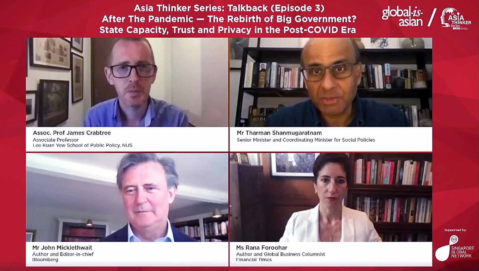 Senior Minister Tharman Shanmugaratnam was joined at the session by FT columnist Rana Foroohar, Bloomberg editor-in-chief John Micklethwait and moderator James Crabtree of LKYSPP.