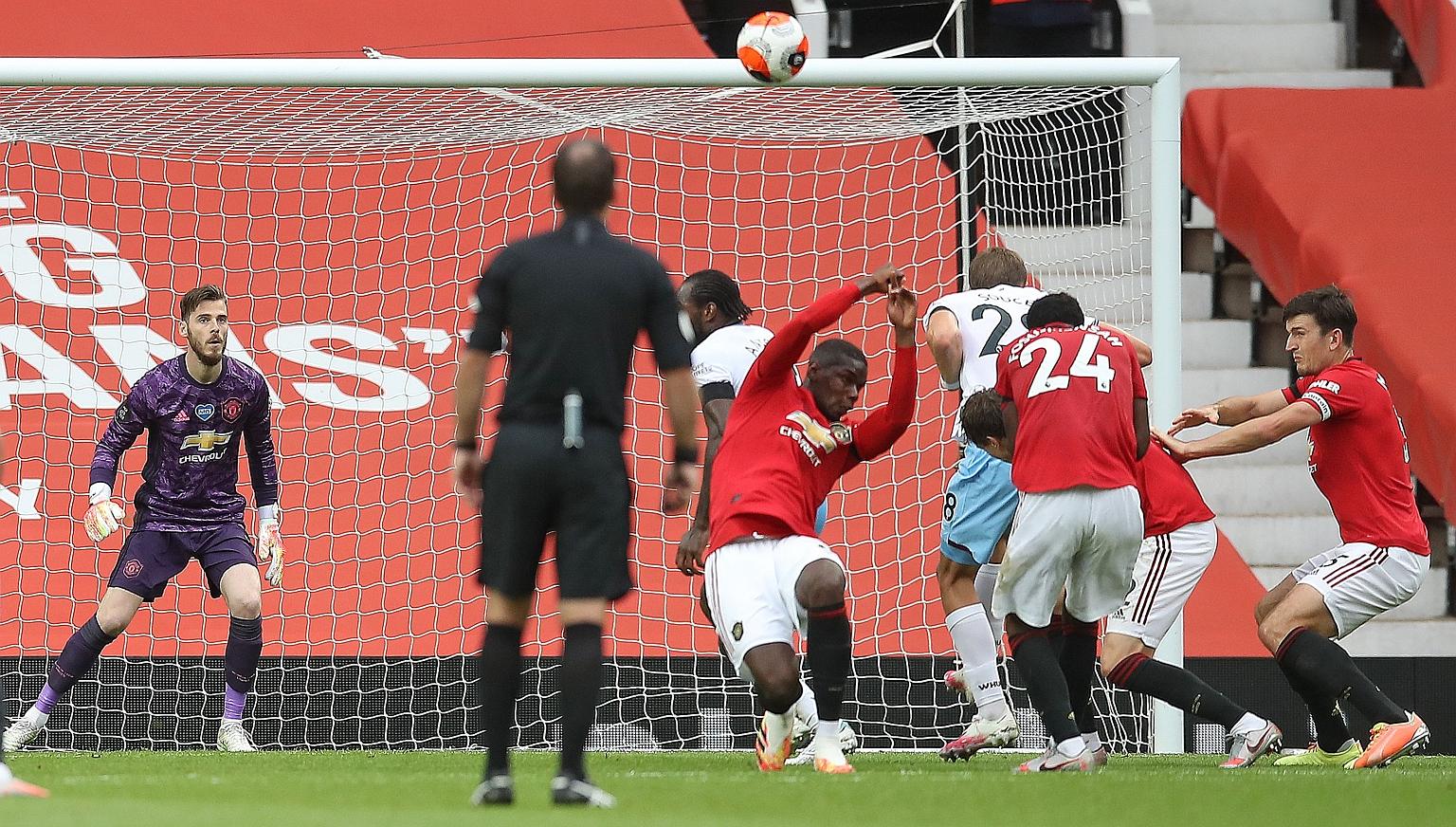 Paul Pogba conceding a penalty after handling the ball in Manchester United's game against West Ham at Old Trafford on Wednesday. The visitors went ahead from the spot-kick but Mason Greenwood saved the France midfielder's blushes by equalising for a
