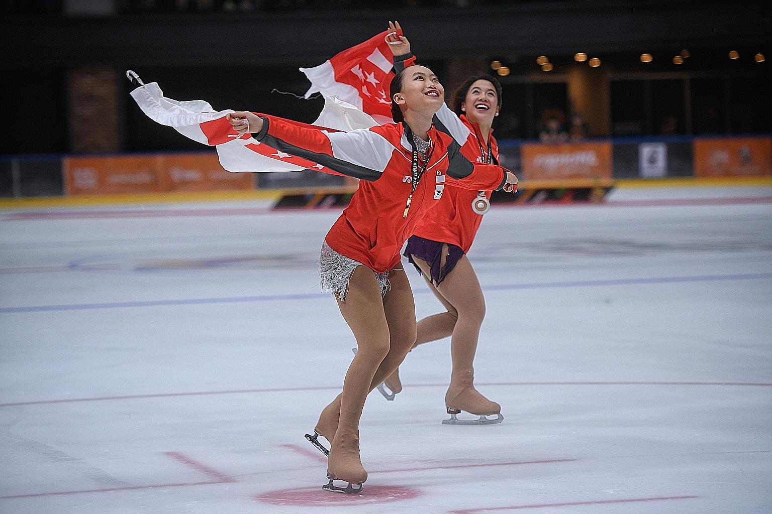 Yu Shuran (left) celebrating with compatriot Chloe Ing after they won gold and silver respectively at the 2017 SEA Games. Yu has retired but vows to speak out against abuse by coaches. ST FILE PHOTO