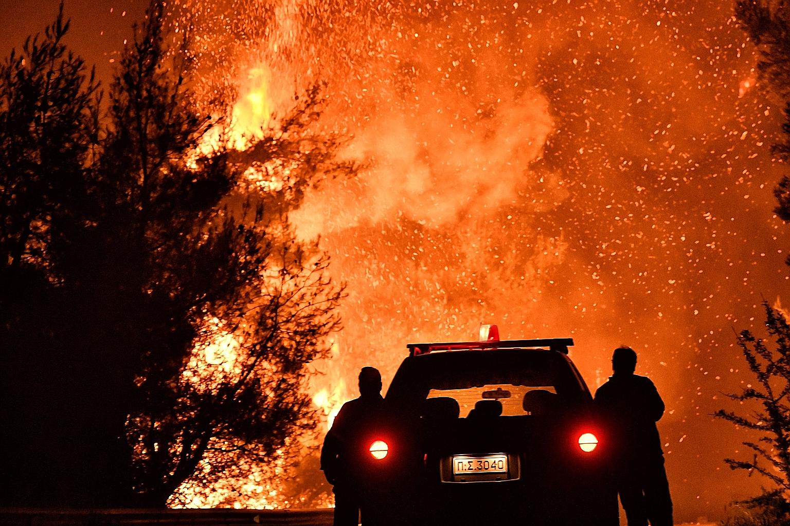 Firefighters observing from a distance a raging pine forest wildfire fanned by strong winds near the village of Athikia, in the Peloponnese area near Corinth, Greece, on Wednesday. The Greek authorities evacuated five settlements as a precaution. Sum