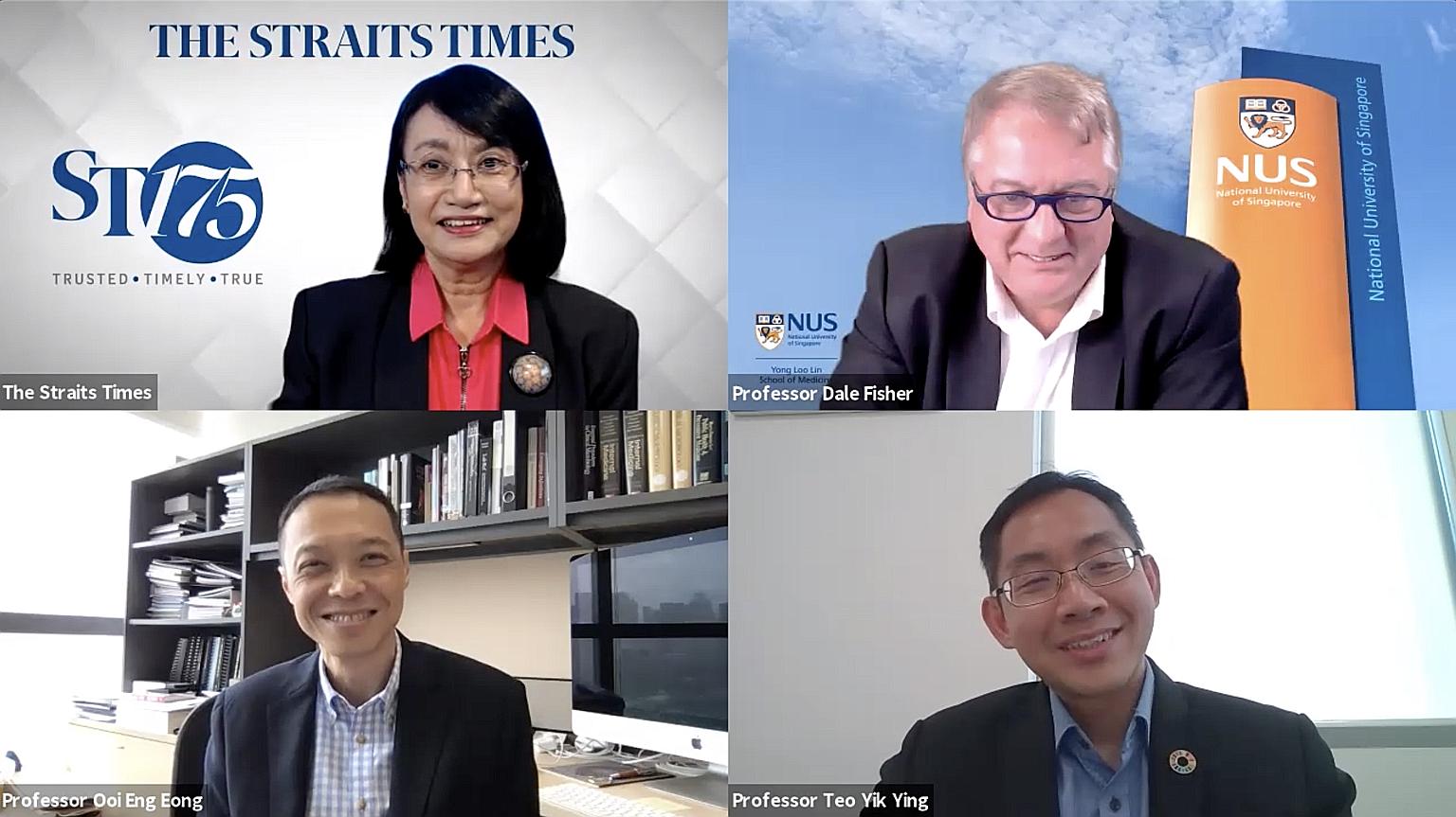 (Clockwise, from top left) ST senior health correspondent Salma Khalik moderating a webinar yesterday that featured Professor Dale Fisher, a senior infectious diseases expert at the National University Hospital; Professor Teo Yik Ying, dean of the Na
