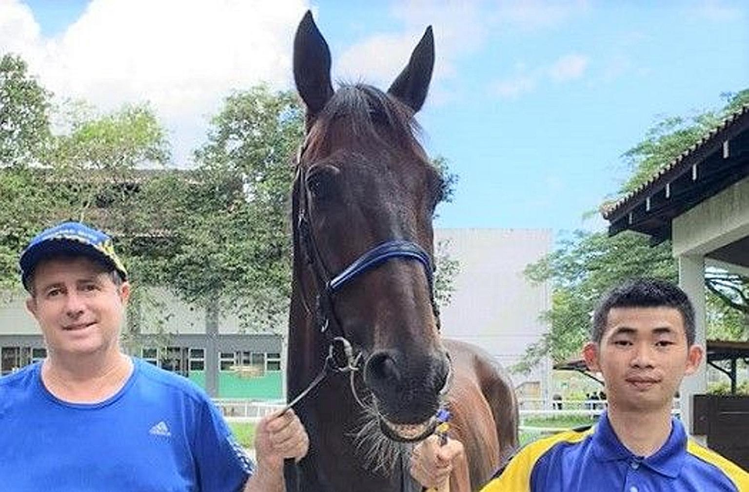 Apprentice Cheah Wei Wen with his master, trainer Stephen Gray, and one of his rides, Billy Britain.