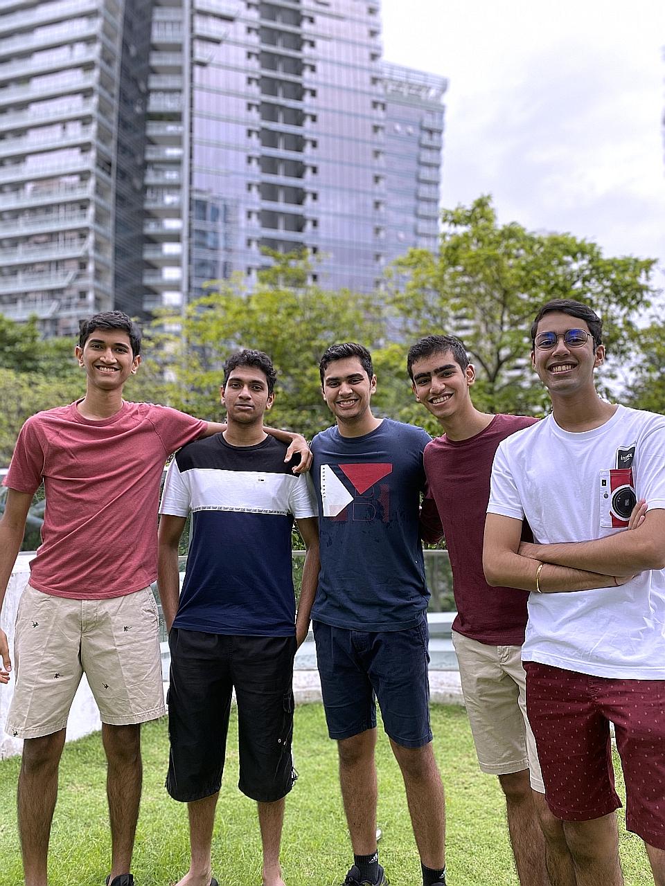 Students (from left) Vivek Venkatram, Logan Sethu, Atishay Dikshit, Rohan Punamiya and Gitansh Arora initiated Can Mah!, which pairs seniors with people who can help them get groceries.