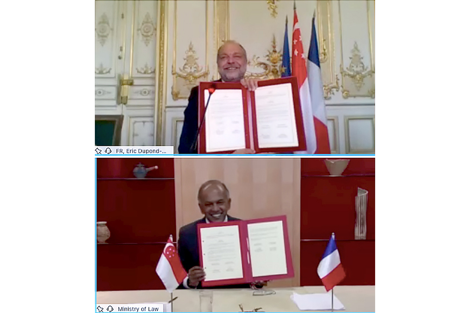 France's Minister of Justice Eric Dupond-Moretti and Singapore's Minister for Law and Home Affairs K. Shanmugam at the virtual ceremony for the signing of the treaty last Wednesday.