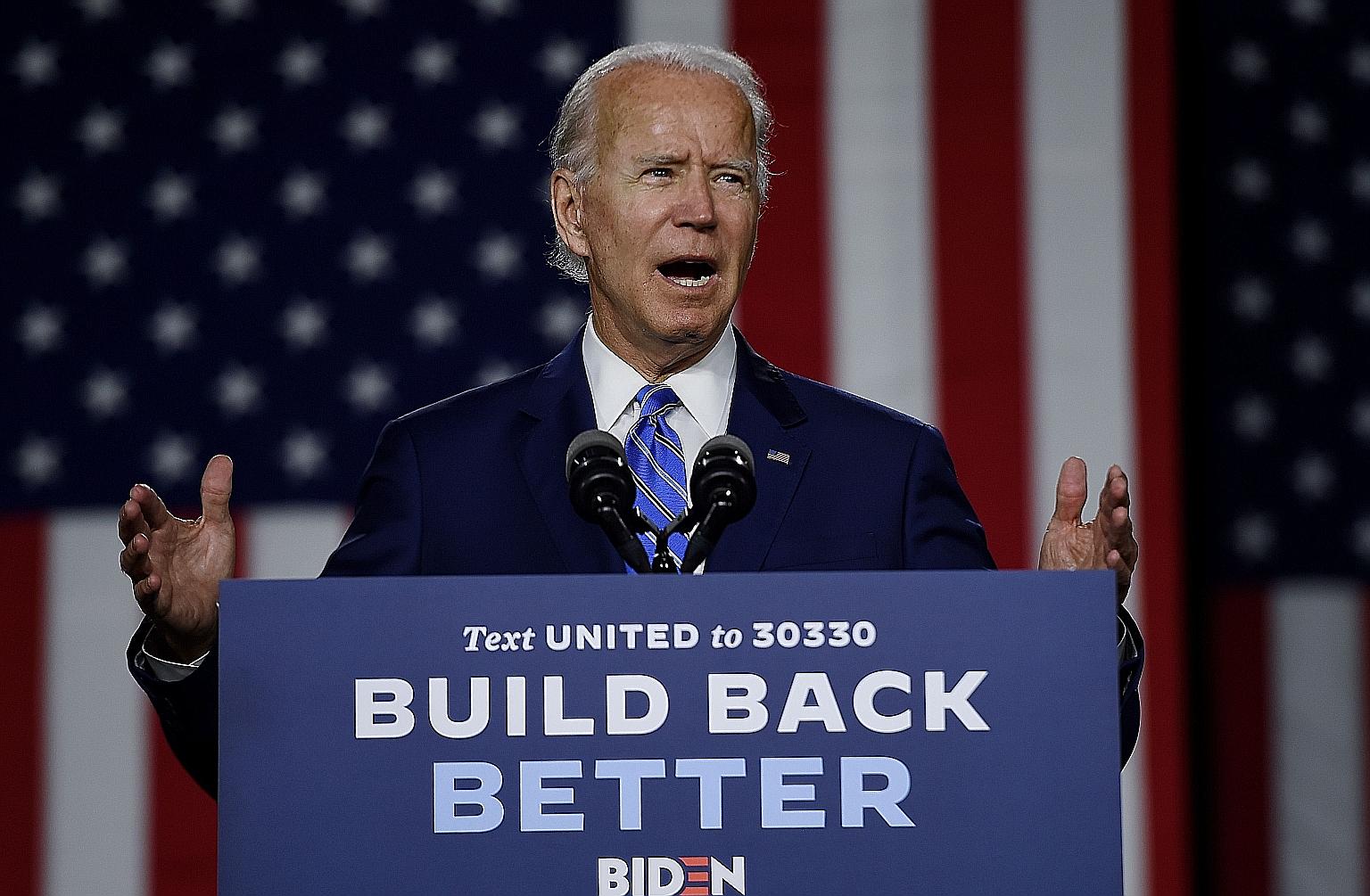 US presidential hopeful Joe Biden speaking about his "Build Back Better" recovery plan for working families last week. Early voting in the Nov 3 election will start in some states as soon as five weeks' time.
