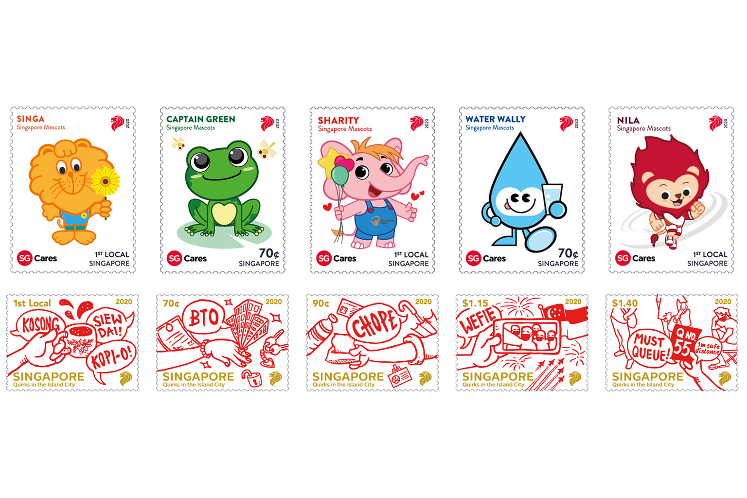 SingPost's new stamp sets feature local mascots (top), including Nila the lion and Water Wally, as well as sketches of local quirks (above) such as "choping" and joining long queues.