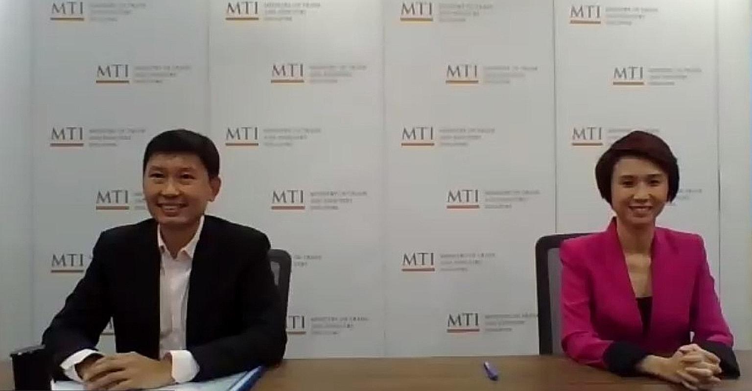 Senior Minister of State for Foreign Affairs and Transport Chee Hong Tat and Minister of State for Trade and Industry Low Yen Ling during an online dialogue with businesses and members of the Pro-Enterprise Panel yesterday. PHOTO: MINISTRY OF TRADE A