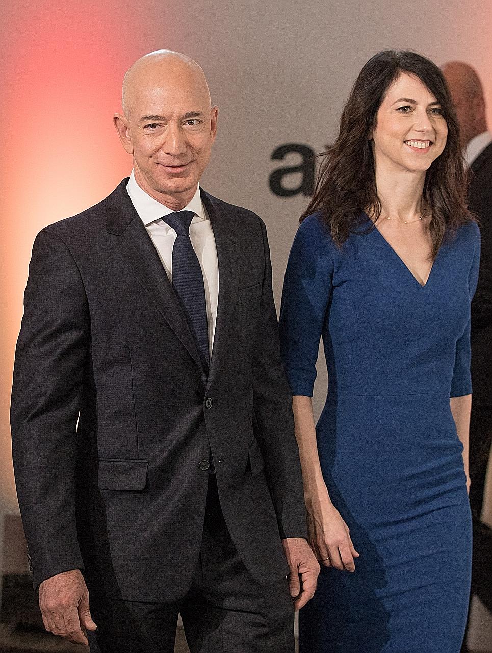 Ms MacKenzie Scott and Amazon boss Jeff Bezos arriving at a publishing event in Berlin in 2018. Their divorce last year left Ms Scott with a 4 per cent stake in Amazon. Her fortune has grown to over US$60 billion (S$83 billion), following a jump in A