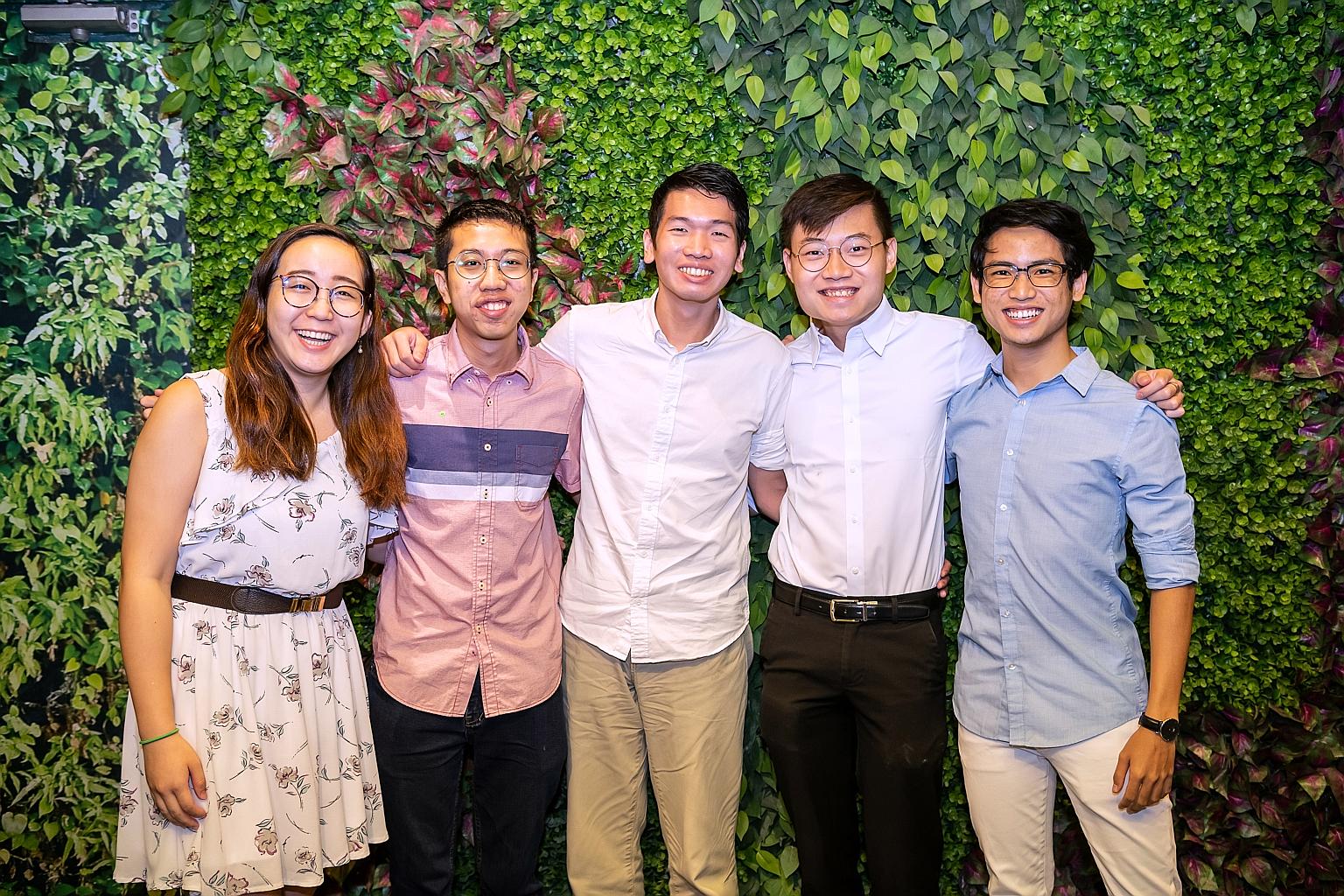 Members of Advisory (from left) Ng Wan Jee, 23, Teow Junhao, 21, Brendan Loon, 23, Mock Yi Jun, 23, and Nur Hazeem Abdul Nasser, 22, in a photo taken before the Covid-19 outbreak. As the top team in the Youth Action Challenge Summit, the non-profit o