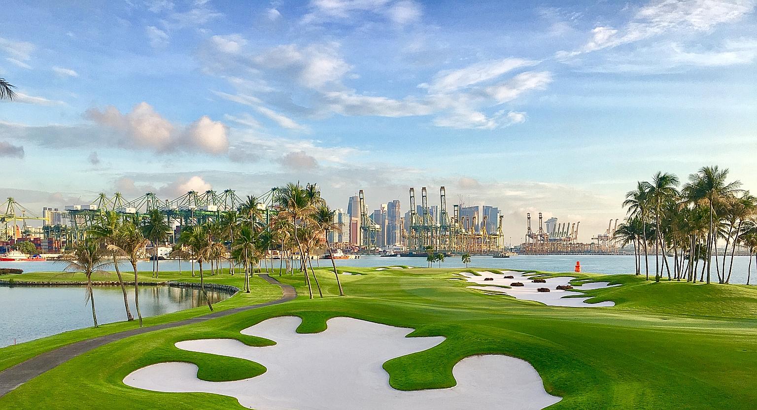The fifth hole of the Serapong Course at Sentosa Golf Club, the World's Best Golf Club (World Golf Awards). Among its environmental features are the creation of its own bee colonies, using rechargeable lithium batteries in golf carts, and banning sin