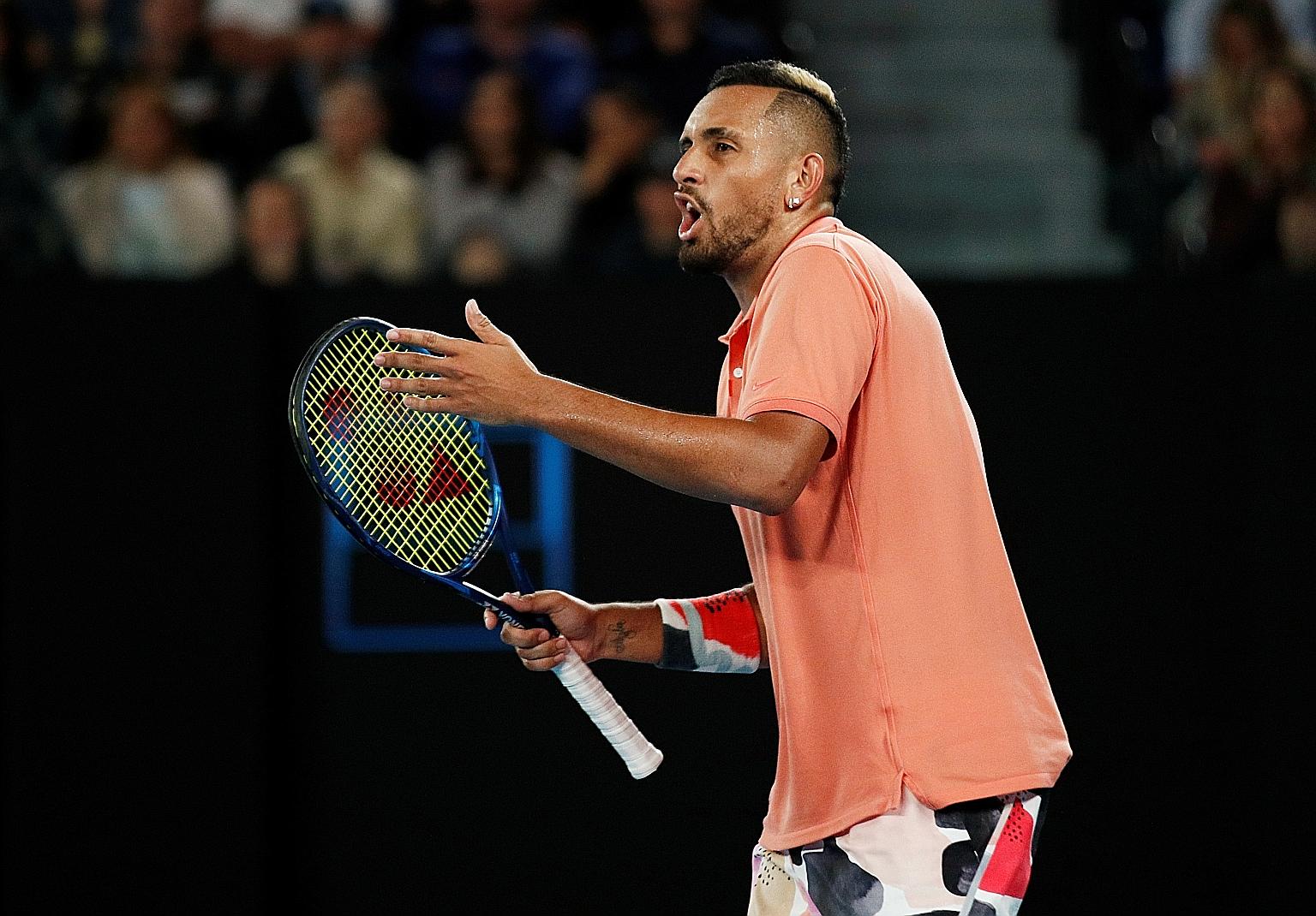 Nick Kyrgios reacting during his fourth-round loss to Rafael Nadal at the Australia Open in January. The Australian would play just one more match - at the Mexico Open in Acapulco in February - before the coronavirus pandemic halted the ATP season.