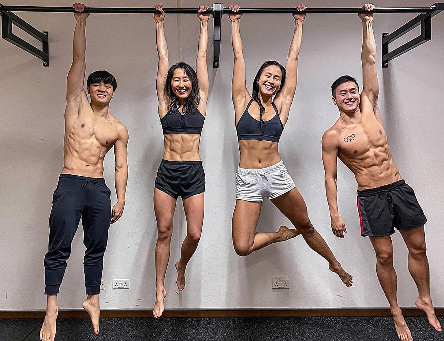 Singapore swimmers (from far left) Pang Sheng Jun, Quah Jing Wen, Quah Ting Wen and Quah Zheng Wen training at the OCBC Aquatic Centre. Zheng Wen has qualified for his third Olympics and his sisters are aiming to join him in Tokyo next year.