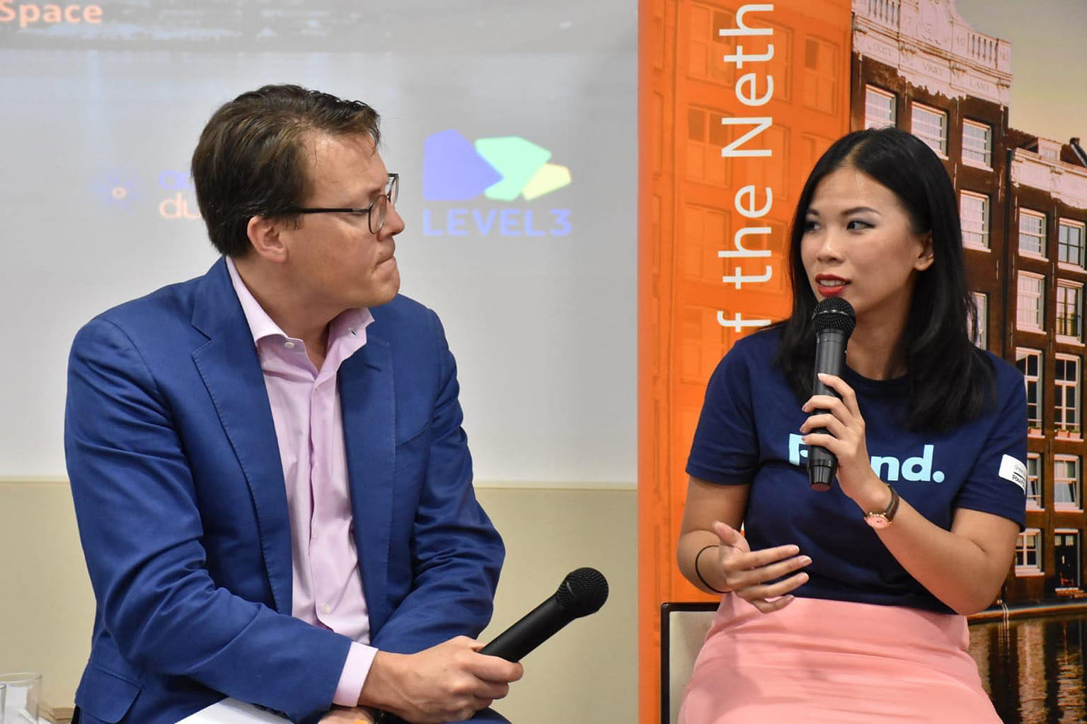 Ms Grace Sai with Prince Constantijn of the Netherlands in a panel discussion about the journey and struggles of a start-up founder held at the Unilever headquarters in Singapore in 2018. Co-working start-up pioneer Grace Sai is co-founder of Found8,