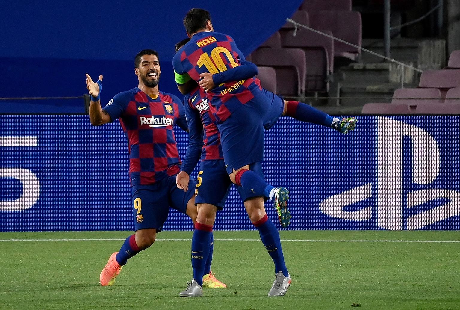 Lionel Messi jumping on Clement Lenglet after the Frenchman opens accounts for Barcelona against Napoli, as Luis Suarez joins in. Coach Quique Setien's future hinges on them beating Bayern next.